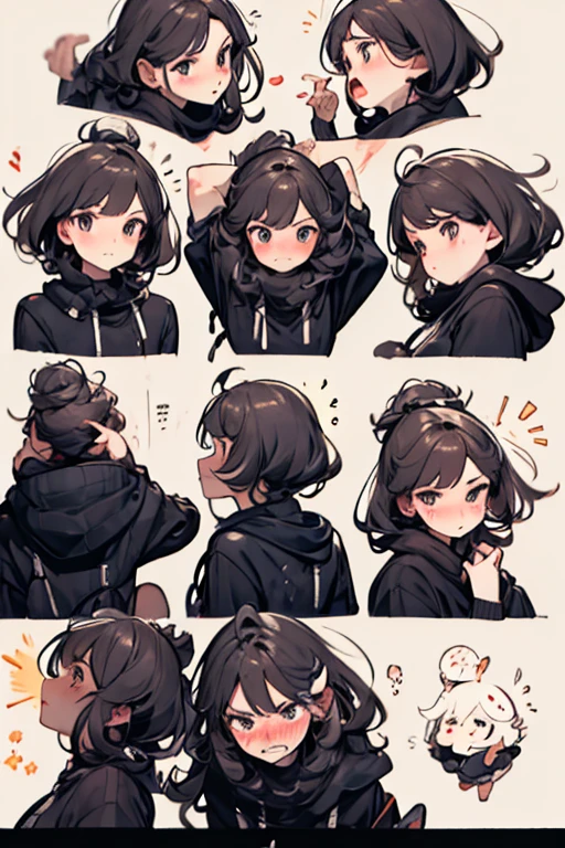 cute girl, emoji pack, 9 emoticons, emoji sheet, multiple poses and expressions, anthropomorphic style, Disney style, black strokes, different emotions,multiple poss and expressions, 8k --niji 5