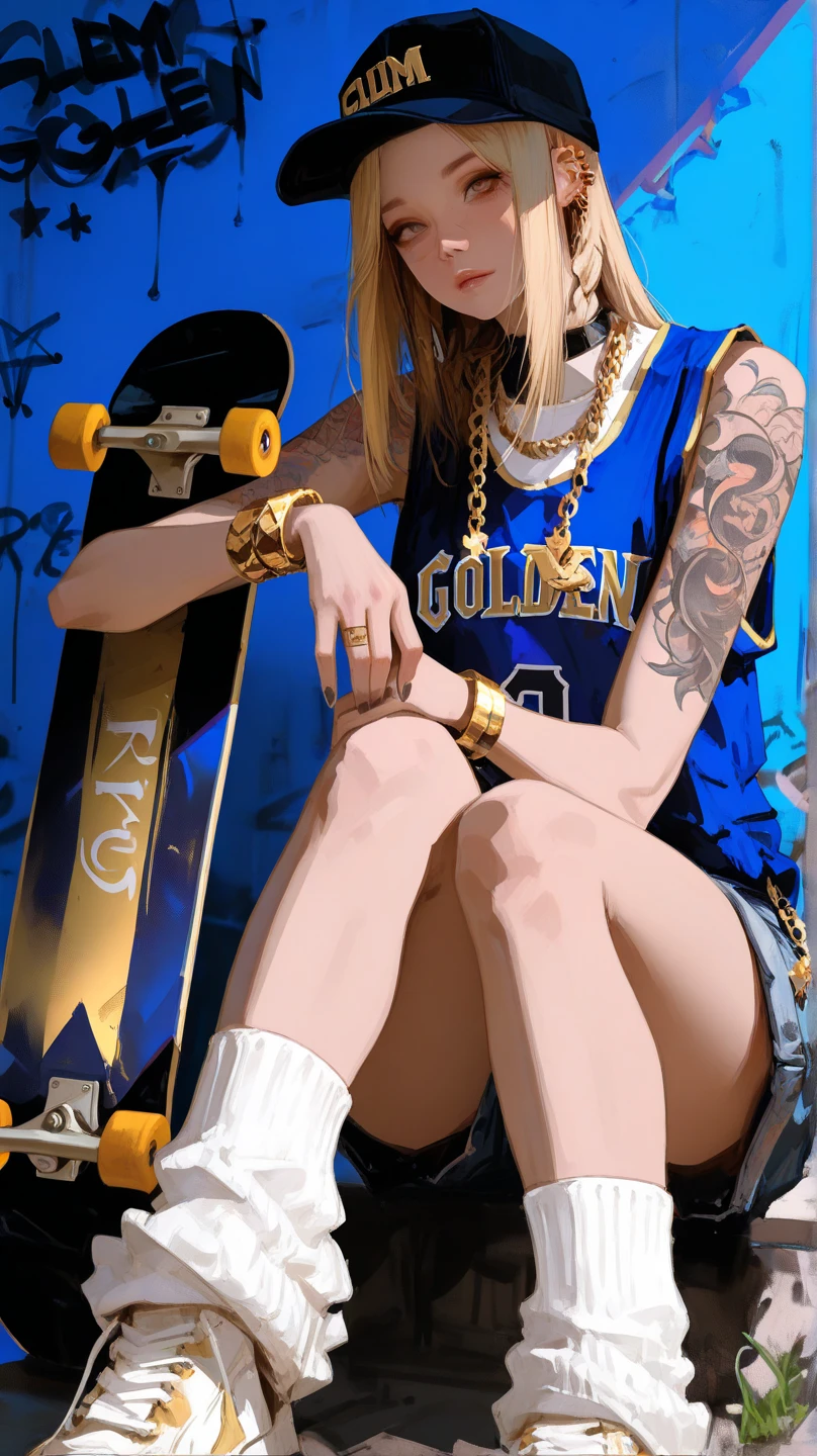 (masterpiece , best quality , amazing quality , very aesthetic , high resolution , ultra-detailed , absurdres , optimal quality), realistic, 1girl\(gangster, asian, cap (\wear sideways, no visible hair\), blue oversized basketball jersey, gold chain (\gold money sign\), loose knee-length denim shorts, gold ear piercings, gold bracelets, gangster hand sign, cool, tattoo\), looking at viewer, blue wall, graffiti, skateboard \(blue and golden\)