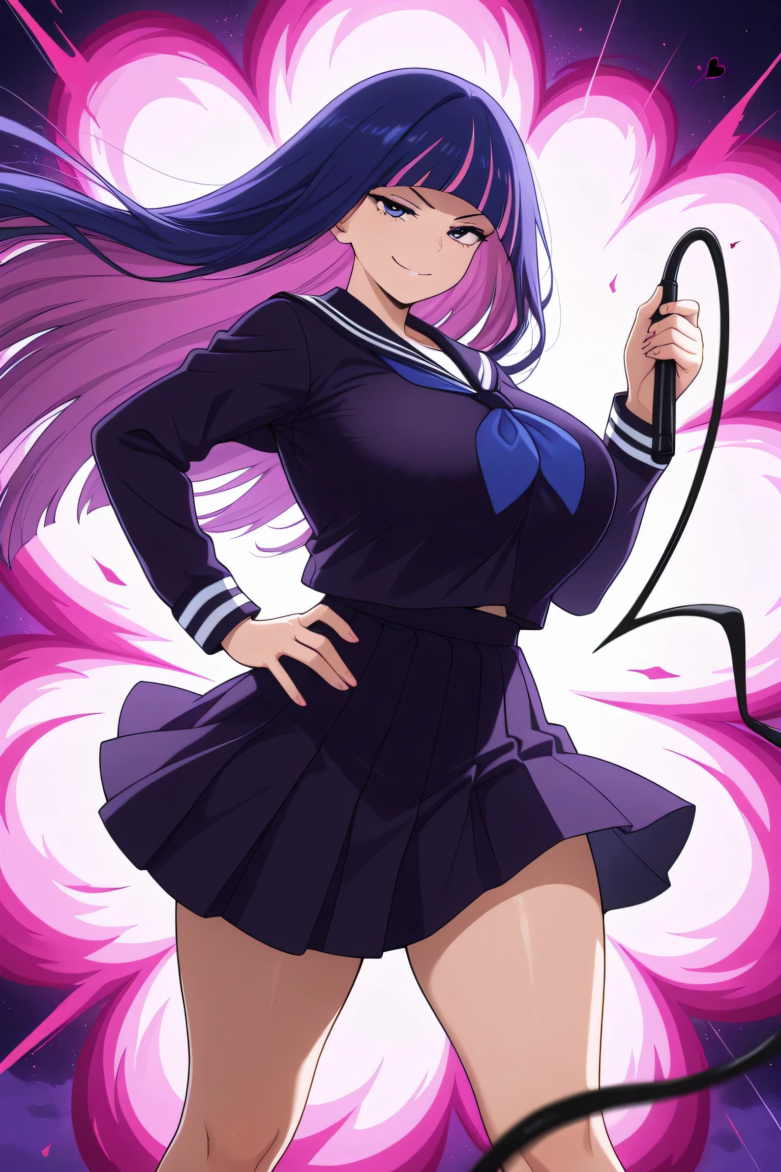 masterpiece, best quality, amazing quality, front view, 1girl, mature, solo, smirk, long hair, silky hair, purple hair,purple eyes, black and violet sailor uniform, short skirt, stocking, big breast, superhero pose, holding weapon, whip, hand on hip, (wind), (heart-shaped explosion), purple explosion background, (amazing background), highres, absurdres