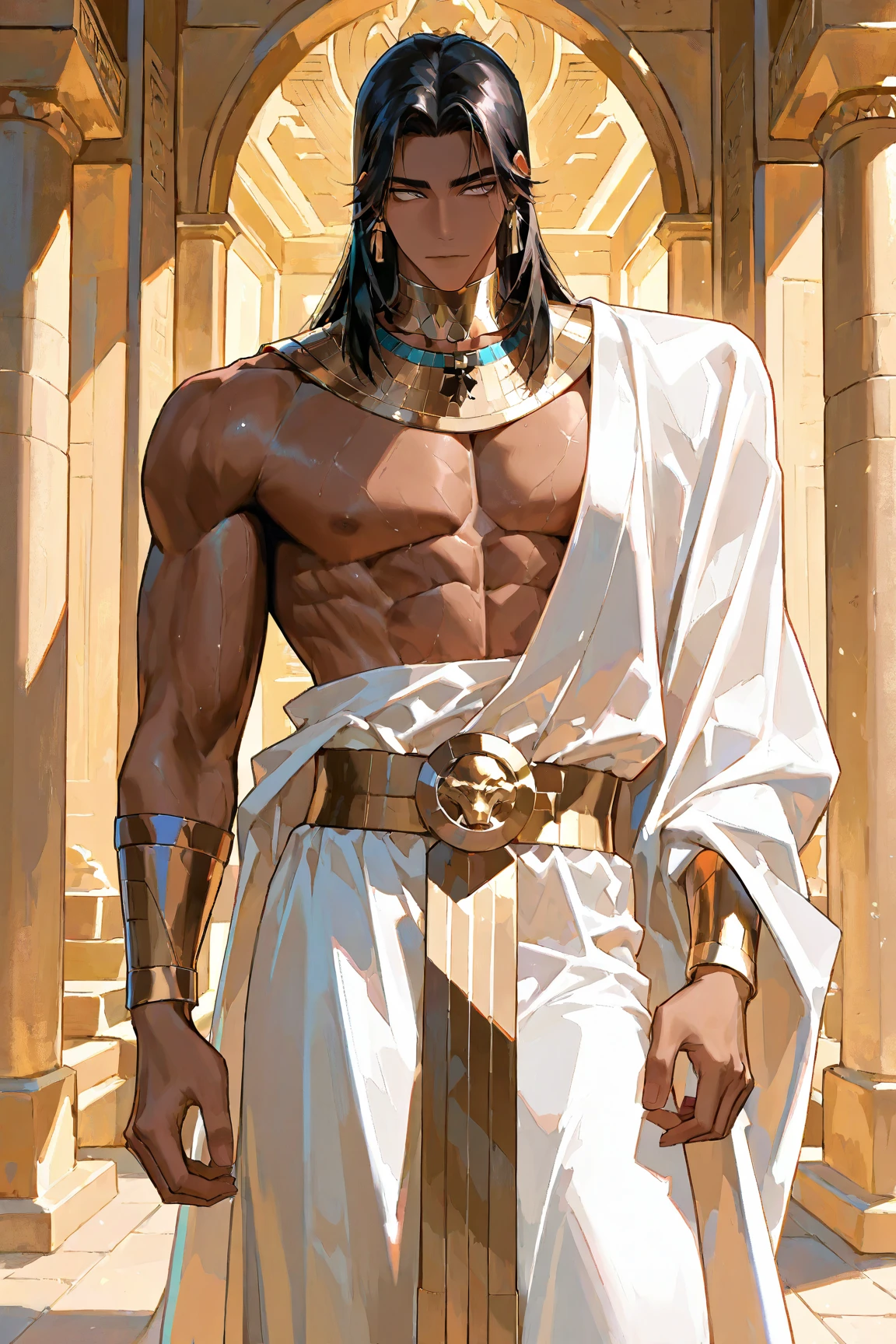 A skinny, dark-skinned teenage boy with long, black, curly hair. He is a prince. He has brown eyes, full lips, and his face is clean shaven. He is smiling. He has a royal tiara on his head. He is wearing white skimpy, feminine royal clothing. He has big nipples and a bulge. He is standing in a medieval room in front of colorful stained glass. Brown skin, dark skin, deep skin, African male, 1_boy