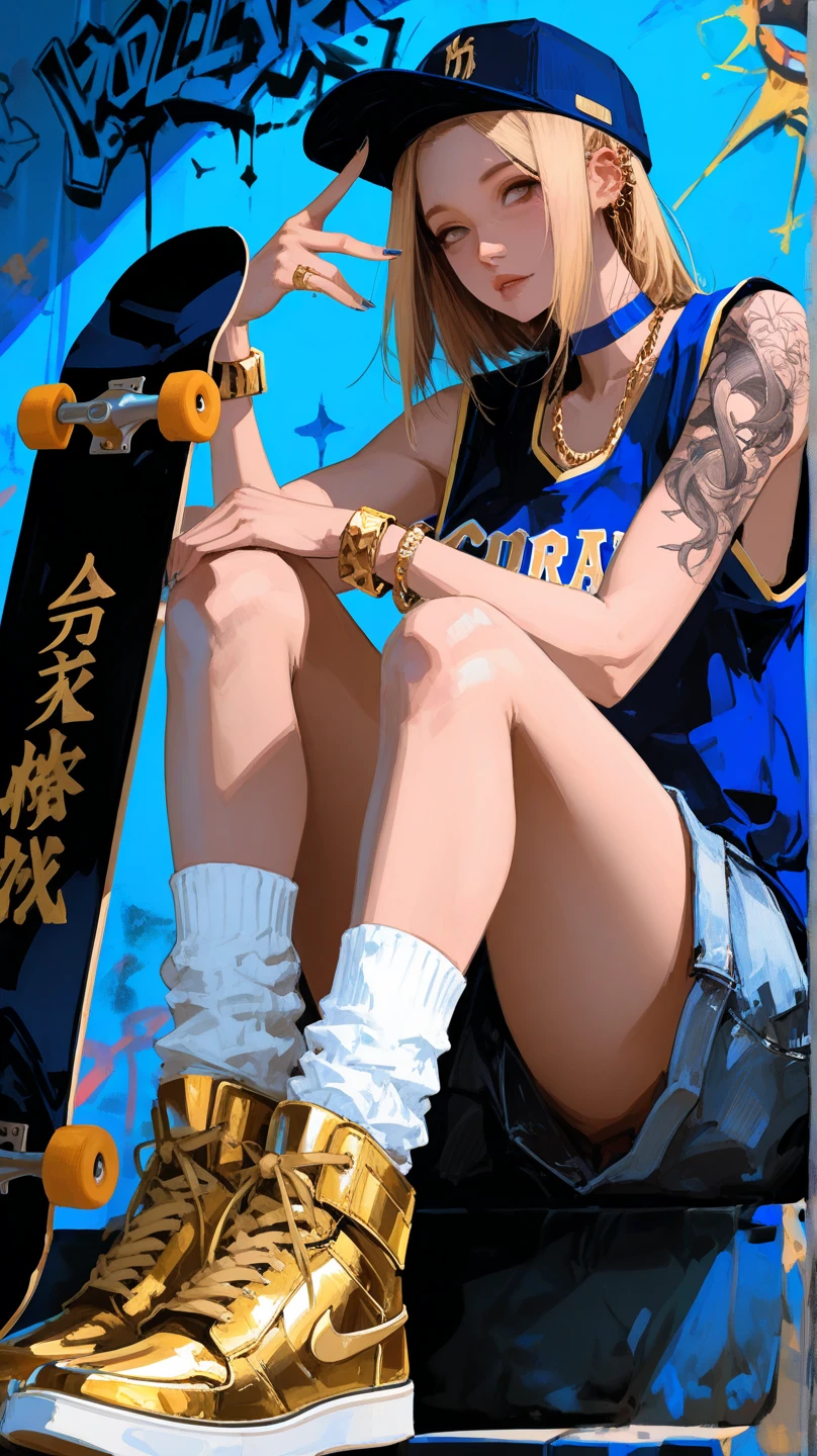 (masterpiece , best quality , amazing quality , very aesthetic , high resolution , ultra-detailed , absurdres , optimal quality), realistic, 1girl\(gangster, asian, cap (\wear sideways, no visible hair\), blue oversized basketball jersey, gold chain (\gold money sign\), loose knee-length denim shorts, gold ear piercings, gold bracelets, gold sneakers, dark blue choker, gangster hand sign, cool, tattoo\), looking at viewer, blue wall, graffiti, skateboard \(blue and golden\)