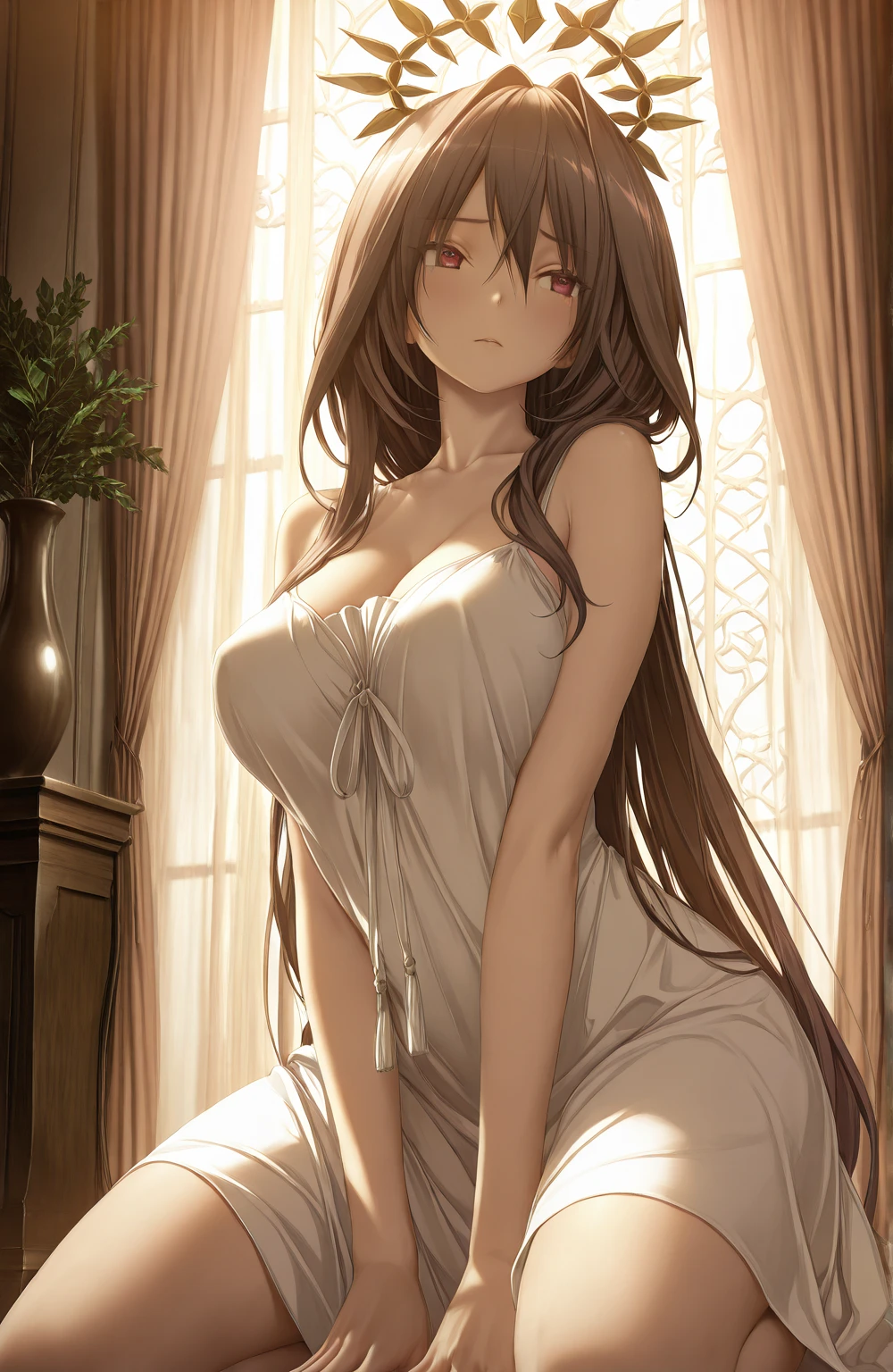 a young, beautiful woman dressed as a nun with exaggeratedly large breasts exposed, standing in a dimly lit room with classical architectural elements. The woman has soft, fair skin and a delicate face with large, expressive green eyes and slightly parted pink lips. Her long brown hair peeks out from under a white wimple, framing her face with gentle waves. She is wearing a tight-fitting, white nun's habit that accentuates her curvaceous figure, with the top part pulled down to reveal her breasts. The background features dark wooden furniture, paintings, and an arched doorway, with sunlight streaming in from a window on the right, casting soft shadows and highlights on her form. The overall atmosphere is serene and intimate, with a blend of realism and anime art styles.