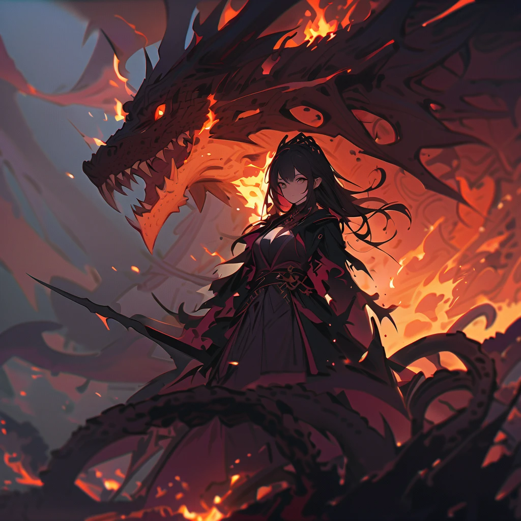 4 young men and women(Highest quality,Extremely detailed depiction,Incredible high resolution,Anatomically accurate depiction),(Glowing Skin,Glowing Skin,Sweat),Fighting a giant dragon,Warrior with a sword,Warrior with a shield,Wizard casting fire spells,Praying monk,background:Demon World,Fantasy,Lightning in the sky,huge black dragon,monster