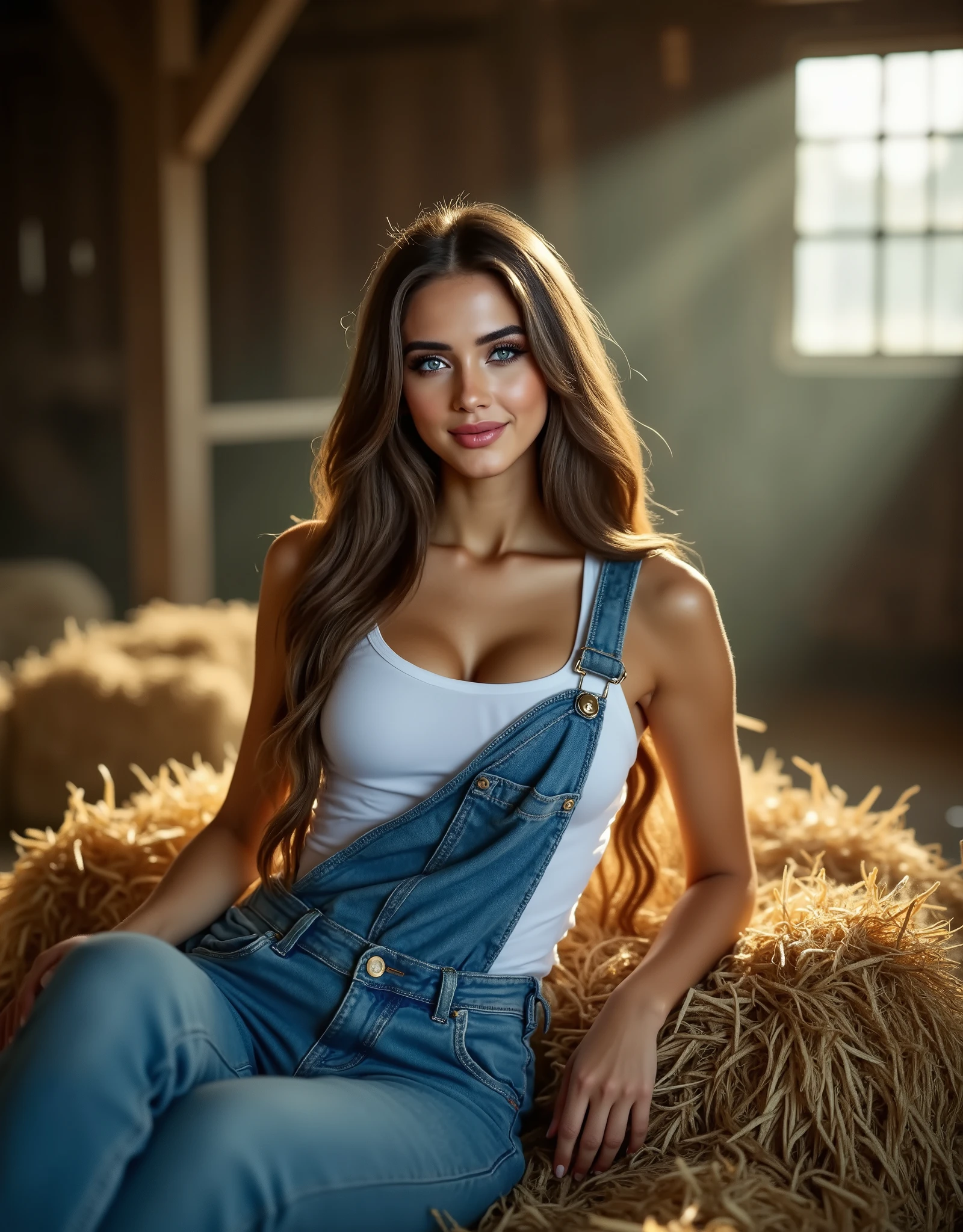 (Best quality, hyperrealistic, 8k, 32k, Masterpiece, UHD:1.2), full-body shot of a woman with long, flowing hair, deep eyes, and glowing skin, reclining on a bale of hay in a rustic barn. She has a perfect smile. She wears a pair of worn denim overalls and a white tank top, with one strap slipping off her shoulder. The soft light of the setting sun filters through the barn windows, casting a warm glow on her skin.