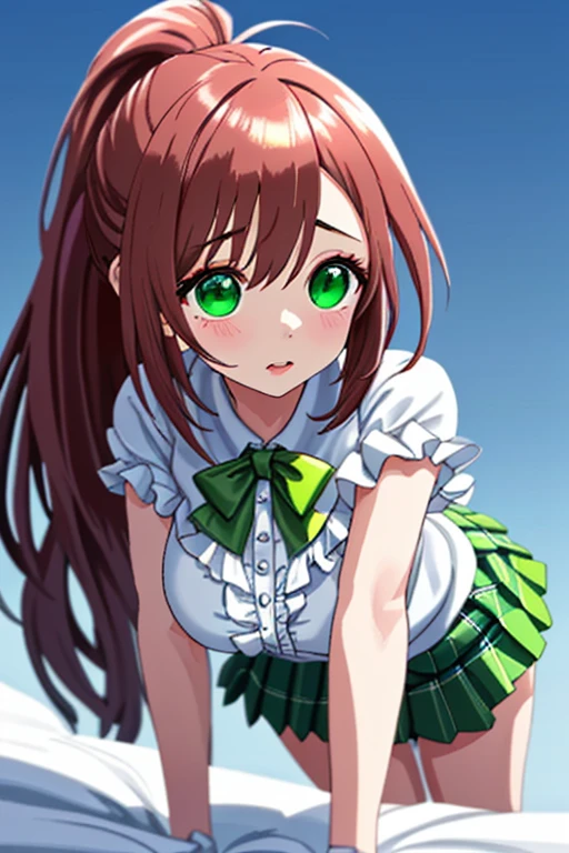 cute girl 18 year old girl Solo Caramel Eyes long hair white shirt Sexy Poses 1 person ((white shirt original photo green pleated skirt frills masterpiece)) best image quality noise removal Wrap the transparent part Cinematic Shadow Highlight the eye-catching Wrap the transparent part the shine of the eyes Draw beautiful eyelashes Completely detailed eyes big eyes Increase image clarity Draw cute eyes Wrap the transparent part eye shape, Stylish decoration )), ((blue sky background)), , very well detailedで明るい背景 , high resolution, Face Light, high resolutionの, beautiful skin, Grain Size , Chromatic Aberration, dark blue high socks, high resolution, Face Light source, dynamic lighting, Movie Lights, Professional Shadow, soft shadow, Best Details,very well detailed, Super Detailed Intertwined with Green Tentacles,Small parts,video, Exquisite Face, detailed face and eyes,Big Breasts,micro mini skirt on a standing table, my skirt was flipping up、 and earlier、embarrassing、 green plaid pleated skirt、Strong winds 、Big Breasts、has a white background、 Slightly droopy eyes 、ponytail、lying in bed、look here、Face Down、Sleep、Dark Pink Gloss Lips、upper body、all fours