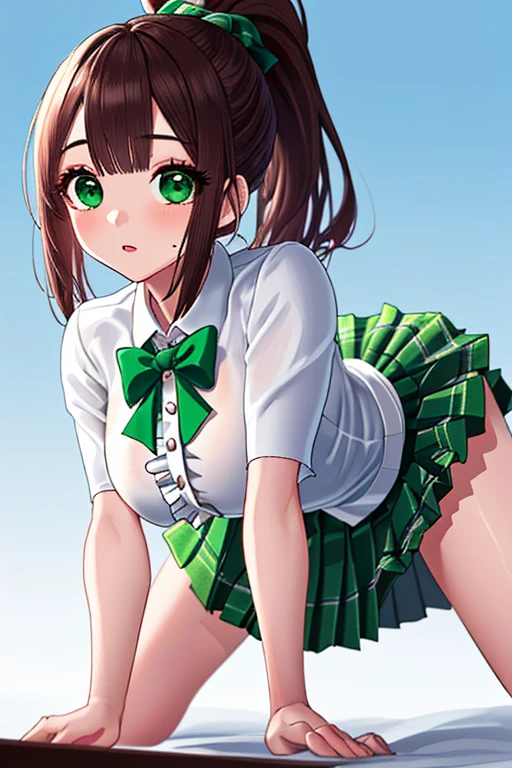 cute girl 18 year old girl Solo Caramel Eyes long hair white shirt Sexy Poses 1 person ((white shirt original photo green pleated skirt frills masterpiece)) best image quality noise removal Wrap the transparent part Cinematic Shadow Highlight the eye-catching Wrap the transparent part the shine of the eyes Draw beautiful eyelashes Completely detailed eyes big eyes Increase image clarity Draw cute eyes Wrap the transparent part eye shape, Stylish decoration )), ((blue sky background)), , very well detailedで明るい背景 , high resolution, Face Light, high resolutionの, beautiful skin, Grain Size , Chromatic Aberration, dark blue high socks, high resolution, Face Light source, dynamic lighting, Movie Lights, Professional Shadow, soft shadow, Best Details,very well detailed, Super Detailed Intertwined with Green Tentacles,Small parts,video, Exquisite Face, detailed face and eyes,Big Breasts,micro mini skirt on a standing table, my skirt was flipping up、 and earlier、embarrassing、 green plaid pleated skirt、Strong winds 、Big Breasts、has a white background、 Slightly droopy eyes 、ponytail、lying in bed、look here、Face Down、Sleep、Dark Pink Gloss Lips、upper body、all fours