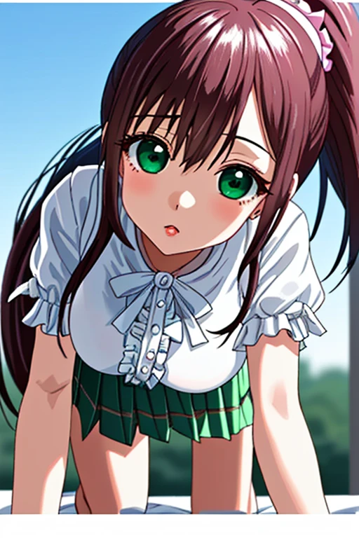 cute girl 18 year old girl Solo Caramel Eyes long hair white shirt Sexy Poses 1 person ((white shirt original photo green pleated skirt frills masterpiece)) best image quality noise removal Wrap the transparent part Cinematic Shadow Highlight the eye-catching Wrap the transparent part the shine of the eyes Draw beautiful eyelashes Completely detailed eyes big eyes Increase image clarity Draw cute eyes Wrap the transparent part eye shape, Stylish decoration )), ((blue sky background)), , very well detailedで明るい背景 , high resolution, Face Light, high resolutionの, beautiful skin, Grain Size , Chromatic Aberration, dark blue high socks, high resolution, Face Light source, dynamic lighting, Movie Lights, Professional Shadow, soft shadow, Best Details,very well detailed, Super Detailed Intertwined with Green Tentacles,Small parts,video, Exquisite Face, detailed face and eyes,Big Breasts,micro mini skirt on a standing table, my skirt was flipping up、 and earlier、embarrassing、 green plaid pleated skirt、Strong winds 、Big Breasts、has a white background、 Slightly droopy eyes 、ponytail、lying in bed、look here、Face Down、Sleep、Dark Pink Gloss Lips、upper body、all fours