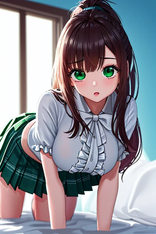 cute girl 18 year old girl Solo Caramel Eyes long hair white shirt Sexy Poses 1 person ((white shirt original photo green pleated skirt frills masterpiece)) best image quality noise removal Wrap the transparent part Cinematic Shadow Highlight the eye-catching Wrap the transparent part the shine of the eyes Draw beautiful eyelashes Completely detailed eyes big eyes Increase image clarity Draw cute eyes Wrap the transparent part eye shape, Stylish decoration )), ((blue sky background)), , very well detailedで明るい背景 , high resolution, Face Light, high resolutionの, beautiful skin, Grain Size , Chromatic Aberration, dark blue high socks, high resolution, Face Light source, dynamic lighting, Movie Lights, Professional Shadow, soft shadow, Best Details,very well detailed, Super Detailed Intertwined with Green Tentacles,Small parts,video, Exquisite Face, detailed face and eyes,Big Breasts,micro mini skirt on a standing table, my skirt was flipping up、 and earlier、embarrassing、 green plaid pleated skirt、Strong winds 、Big Breasts、has a white background、 Slightly droopy eyes 、ponytail、lying in bed、look here、Face Down、Sleep、Dark Pink Gloss Lips、upper body、all fours