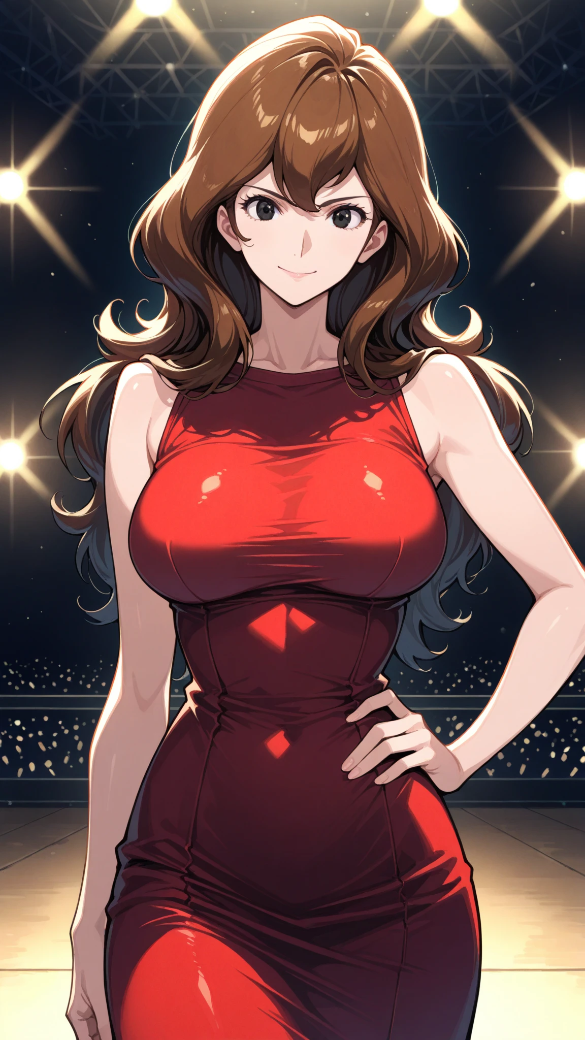 (16K), ((three headed woman)), smiling, highres, masterpiece, ((brown hair)), cleavage, large breasts, ((red dress:1.5)), lustrous and smooth skin, (mature woman), seductive silhouette, casual dress, sexy proportions, Beautiful girl with accentuated slender abs, seductive woman, ((party background)), necklace, body con dress, strapless, sleeveless, yellow eyes, ((long bushy ponytail)), ((gala)), cowboy shots