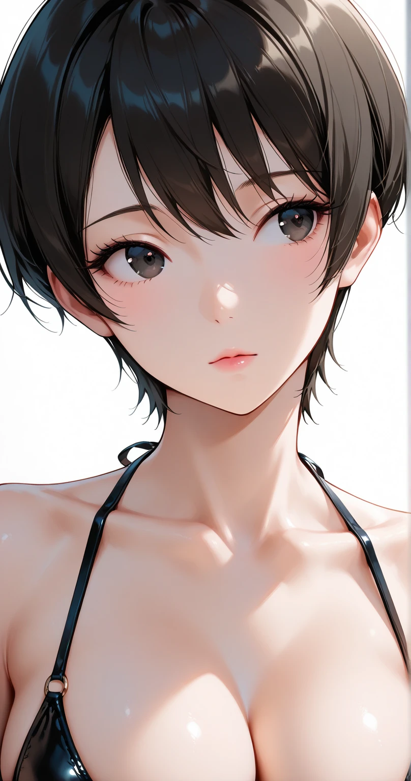 (Top resolution、Distinct_image)top-quality、femele、masterpiece、ighly detailed、Semi-realistic、Black short hair、Dark hair、grey eyes、bangss、21years old、Mature、年轻、Exquisite facial features、Facial features,White Bikini