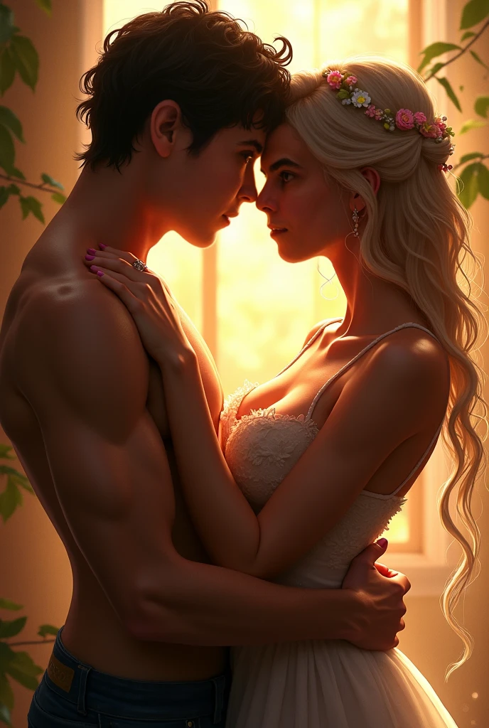 A brunette princess with long, curly hair hugs her golden-haired prince, if bare chest touches him