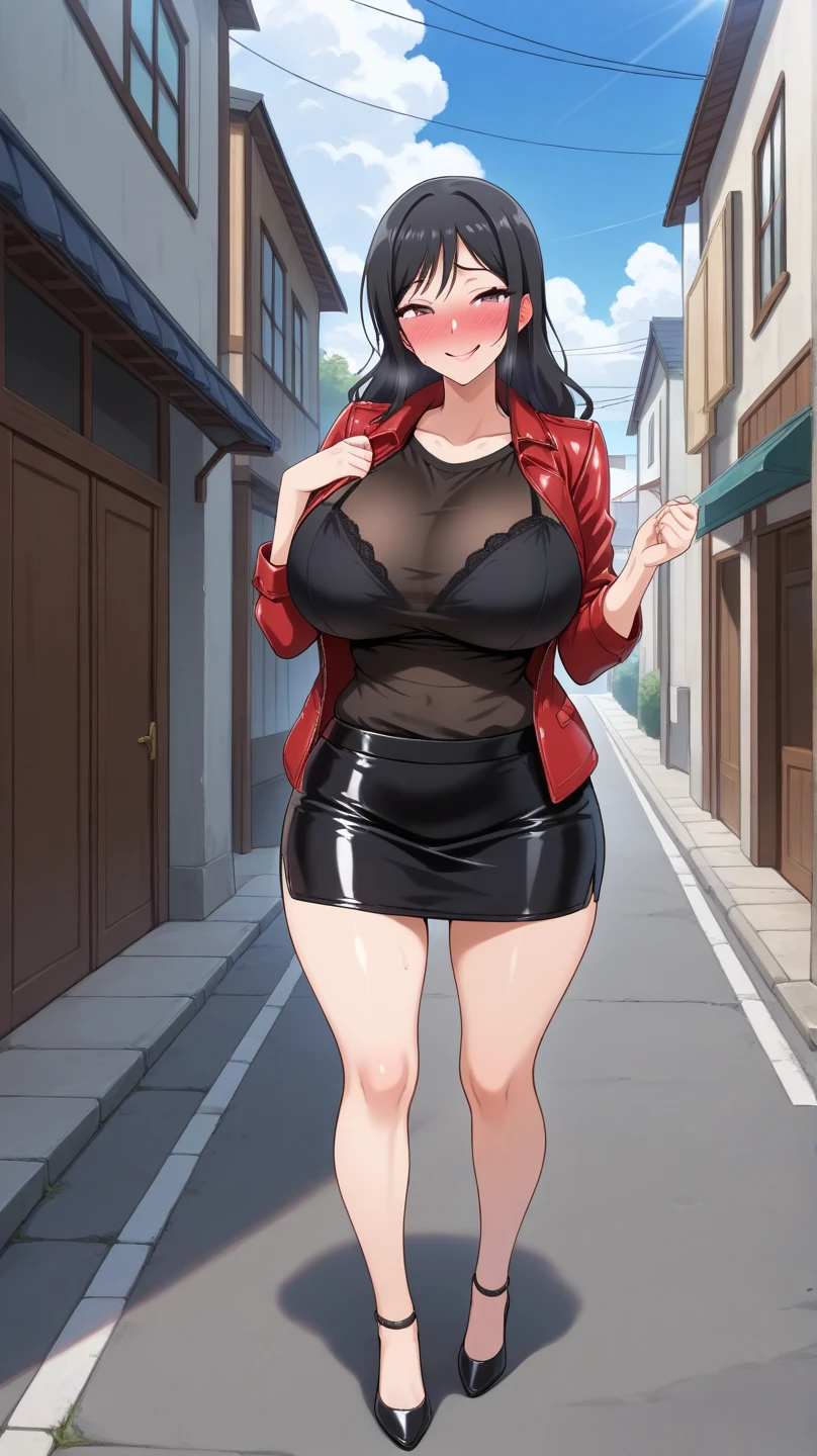 (8k, RAW photo, best quality, masterpiece:1.2),1girl,solo,short hair,black hair,black shirt,,red skirt,pencil skirt,breasts,cleavage,looking at viewer, outdoors,school,