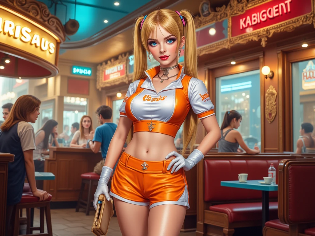 Detailed multicolored proportions and textures with spray and airbrush, presenting a semi-realistic illustration featuring a crop top and shorts made of fine fabric in the style of a Hooters restaurant waitress uniform, where white and orange tones predominate, mixed with bright colors (full body, with a confident and Kawaii posture, playful gaze, bright blue eyes, defined eyebrows, long eyelashes, perfect face, full lips, huge round breasts, flat stomach, wide hips, slim waist, thick thighs),Her long, straight blonde hair is tied in two ponytails (long with multicolored tips) that fall over her shoulders on either side of her head. Her uniform consists of a short, orange-and-white patterned shirt, beautifully decorated like a Hooters restaurant waitress uniform, with A-line sleeves and shorts with matching socks. In the background, an elaborate Hooters restaurant creates an atmosphere of mystery. The scene is a full-length view of a waitress holding a notepad to take orders. The overall composition of the image is a crisp, sharp, and high-quality masterpiece. very balanced saturation across very defined color palettes (Color with intense monochromatic shaded tones and brightness, red hue 25% + yellow 25% + blue 25% + biofluorescent 12.5% + transparencies 12.5%. Aesthetic fusion by (Fibonacci ratio. A realistic cosplay of a young harley quinn. of a young harley quinn (Includes a variety of pink skin and dark beige tones that give it contrast and brightness) type of character. Fluid texture that gives the sensation of movement to the leafy style that molds to the figure (her clothing with relief and folds gives volume and depth to the character). Haute couture photoshoot (high quality full body). Highly detailed and sharp soft focus, approaching perfection, Full HD 8K. High and low angles. by Coco Chanel, Gianni Versace, Alberto Vargas, Greg Rutkowsk fusion of artistic styles