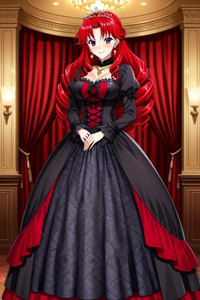 high quality, extremely detailed, perfect face, <lora:CarmillaCOTM:.7> <lyco:MarquiseGown:.8> Carmilla, (red latex ballgown, red latex gloves, extremely glossy, edgmarquise, pink latex skirt), ((castle hall)), pink bow, large breasts, corset, brown hair, (edgmarquise_hairstyle), seductive smirk, night time