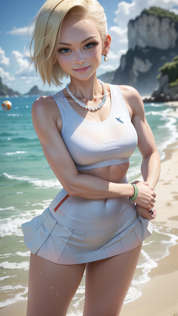 best quality, highres, and18, 1girl, android 18, solo girl, 1girl, blonde hair, blue eyes, sport sneakers, red and white volleyball uniform, pearl necklace, white lycra micro shorts, short hair, white lycra sport top, earrings, wrist sweat bands, medium breasts, cowboy shot, sea shore, straight-on, (weather: and windy), wet body, wet shirt, cute smile, relaxed stance, thigh high socks, volleyball court,