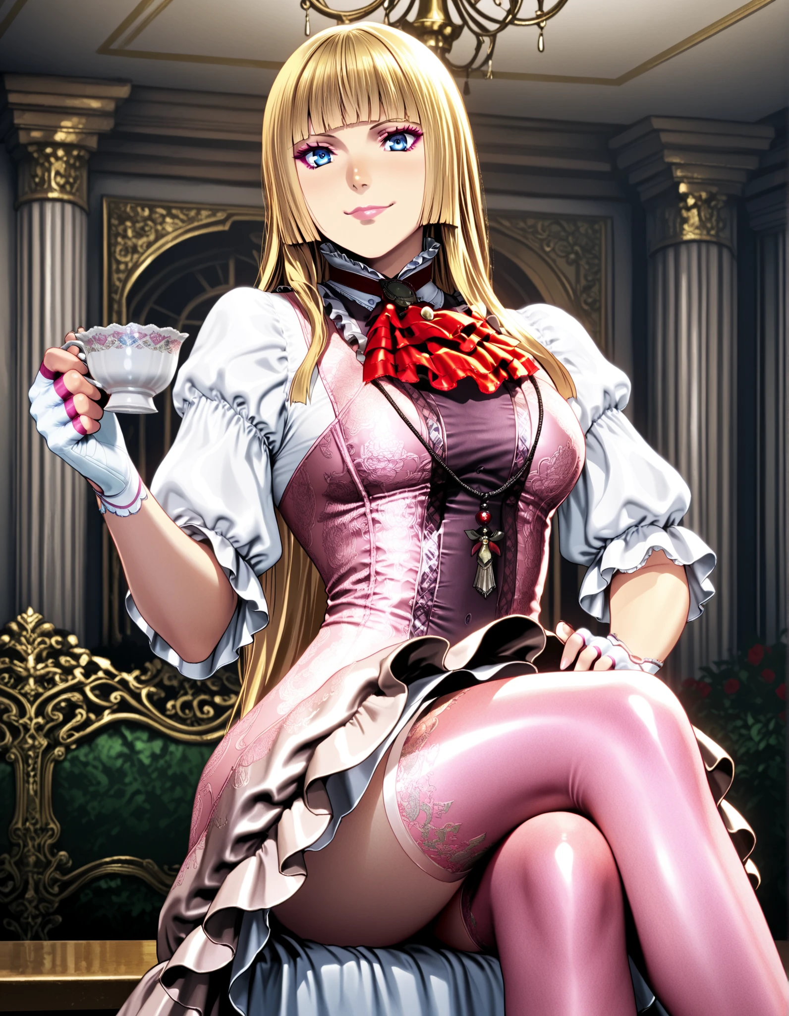 masterpiece, best quality, amazing quality, very aesthetic, absurdres, newest, 1girl, solo, lilit8, long hair, hime cut, blonde hair, blunt bangs, blue eyes, makeup, eyeshadow, lips, sleeves past elbows, white shirt, red neckerchief, pink dress, high-low skirt, necklace, white gloves, fingerless gloves, pink thighhighs, mansion, indoors, smile, looking at viewer, holding teacup, sitting, crossed legs, homare artstyle