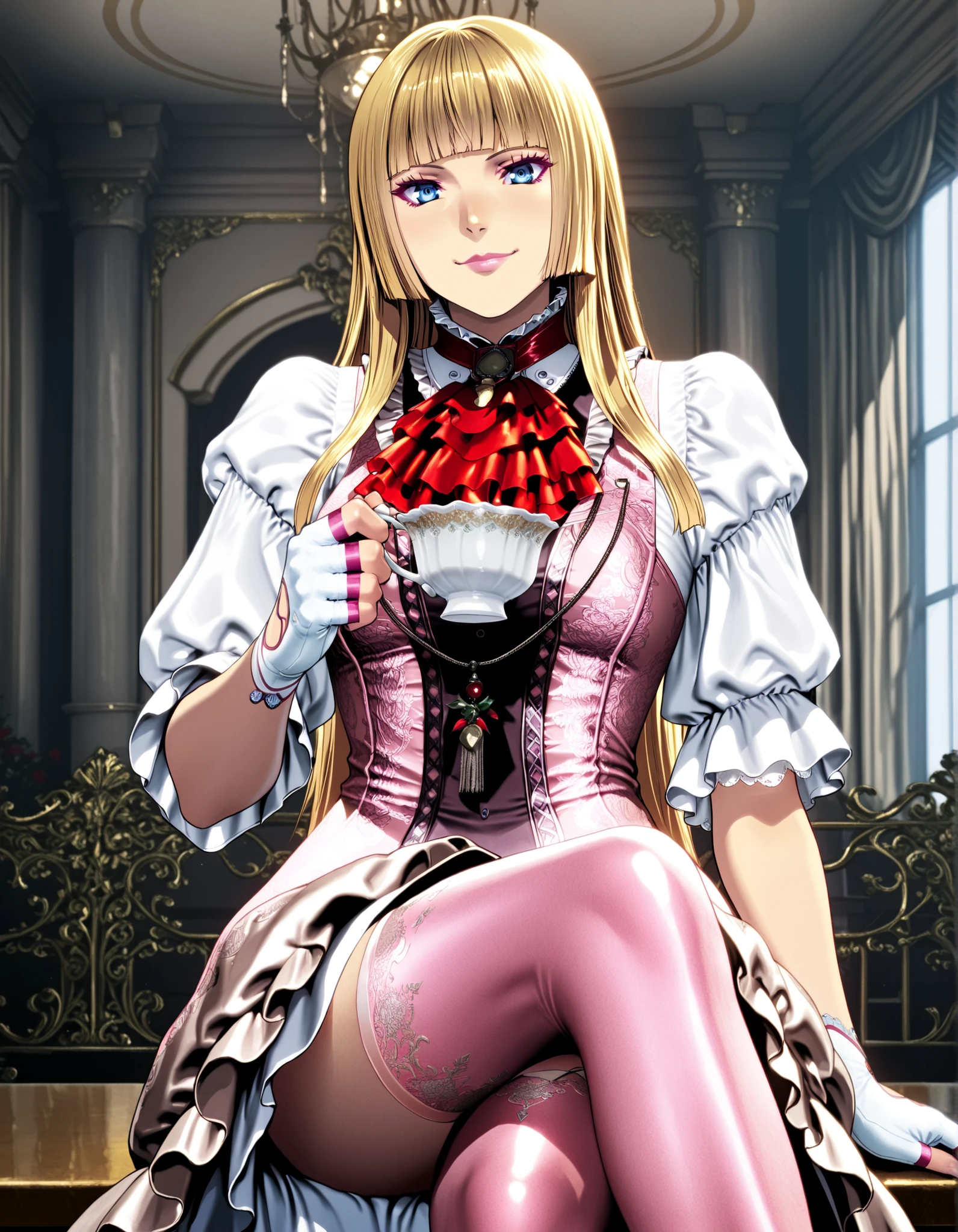 masterpiece, best quality, amazing quality, very aesthetic, absurdres, newest, 1girl, solo, lilit8, long hair, hime cut, blonde hair, blunt bangs, blue eyes, makeup, eyeshadow, lips, sleeves past elbows, white shirt, red neckerchief, pink dress, high-low skirt, necklace, white gloves, fingerless gloves, pink thighhighs, mansion, indoors, smile, looking at viewer, holding teacup, sitting, crossed legs, homare artstyle