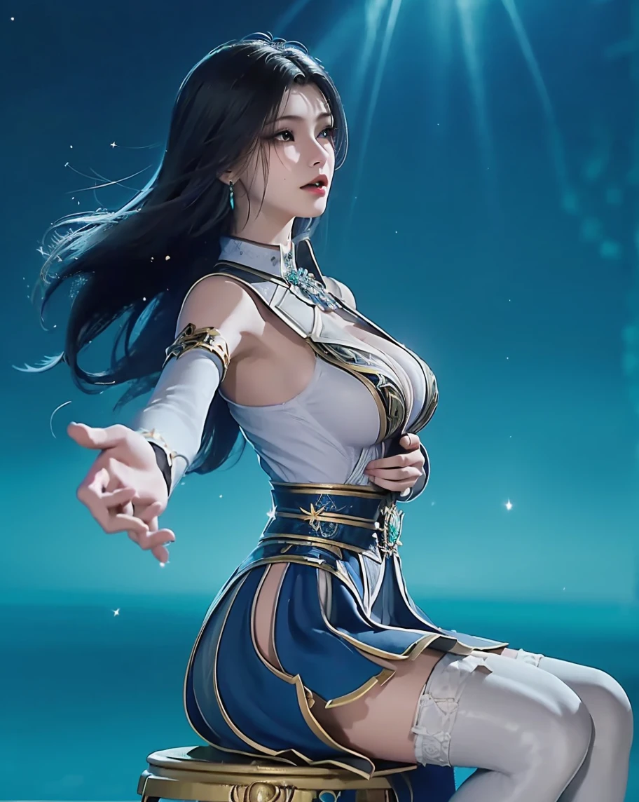 <lora:wzryLUNAciyujianxin_20230727162800:0.8>,1girl,mature female, cityscape, night,looking at viewer, long hair,elbow gloves, earrings, jewelry,single braid,hair ornament,skirt,rope belt, collar, cutout,chinese clothes, see-through, patterned clothing, blush,makeup, cowboy shot, blue white skirt,