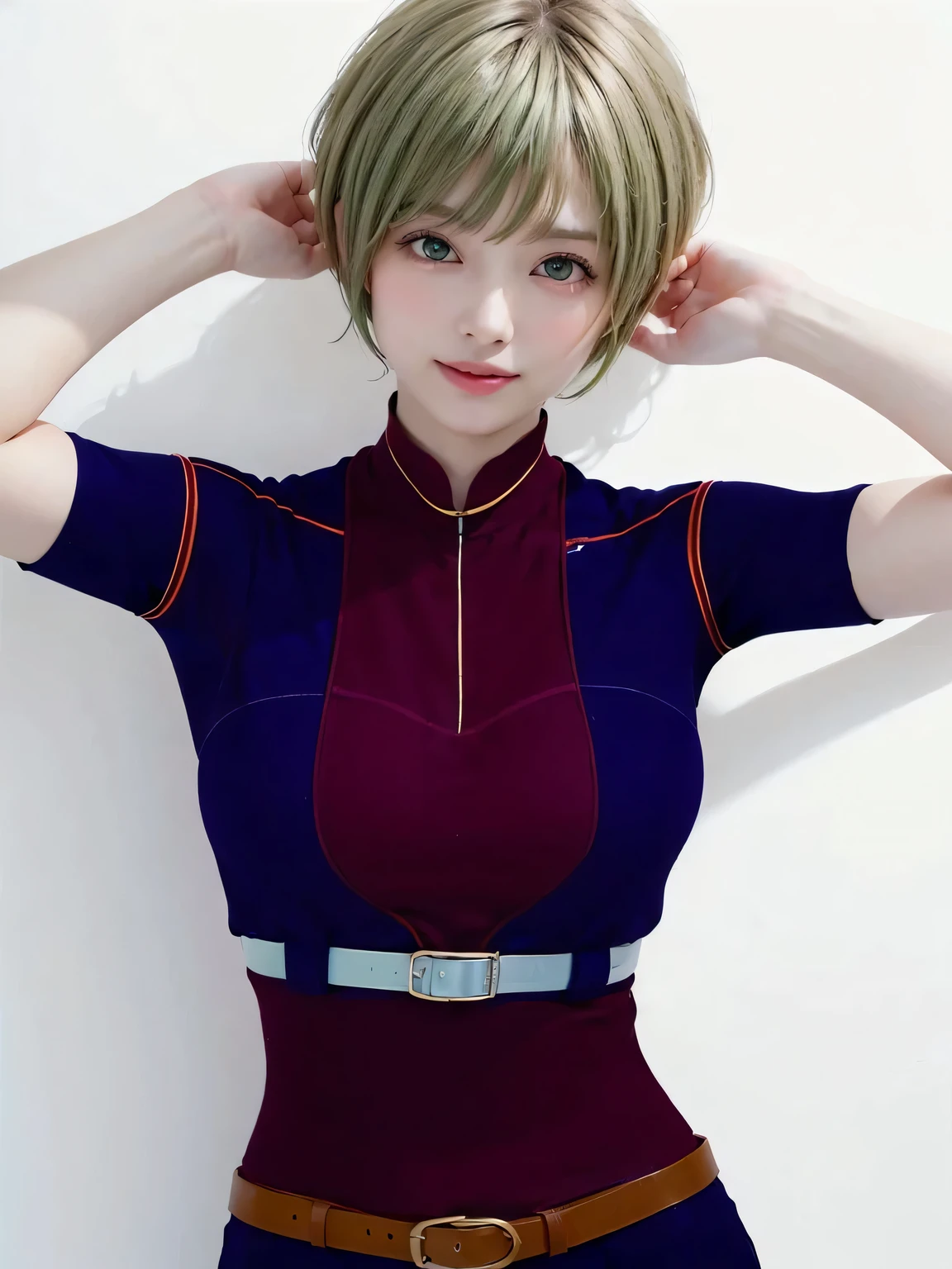 (masterpiece:1.4), (8k, photorealistic, RAW photo, best quality: 1.4), ultra high res, ultra realistic, highly detailed, golden ratio, (one woman:1.6), 25 years old, slender ,realistic face, (green short hair:1.5), (pixie cut:1.2) ,(parted bangs:1.5) ,beautiful shine hair ,(emerald green eyes:1.2), beautiful detailed eyes, realistic skin , (cute smile:1.2), (blue tank top:1.5) , (face closeup:1.3) ,(small breasts) ,from front, (white background:1.4)