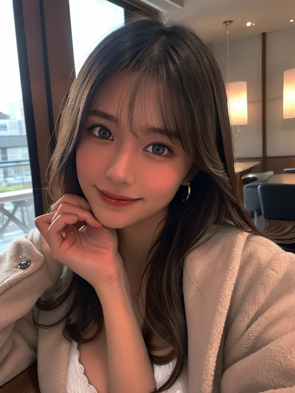 (masterpiece:1.3)、 (8K、photorealistic、Live shooting、Highest image quality:1.4)、Japan girl at 18 years old、sharp focus:1.2、highest quality、masterpiece、ultra high resolution、(From a little above:1.5)、Looking at Viewer、shiny skin、real、dynamic pose、slender、(Sorry face:1.1)、 cute woman:1.4、(medium long hair)、light brown hair、(big :1.3)、(cleavage)、super detail face、eye for detail、double eyelid、solo、Wearing a fluffy knit、Beige coat、Upper body、medium bust、