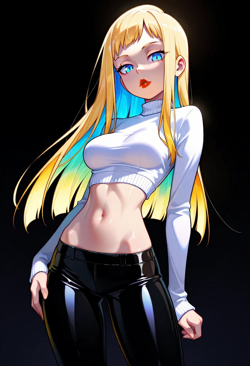(Masterpiece), Best Quality, ultra-detailed, 1girl (lusamine, Slender and sexy body, Big and pretty breasts, blonde_hair, very long hair (hair over one eye:1.3), yellow eyes, half-closed  eyes), a  seductive face,  wicked smile, parted lips, solo, black leather jacket,  white tank_top, navel,  denim  hot pants, outdoors, street,  standing, Sexy waist teasing 