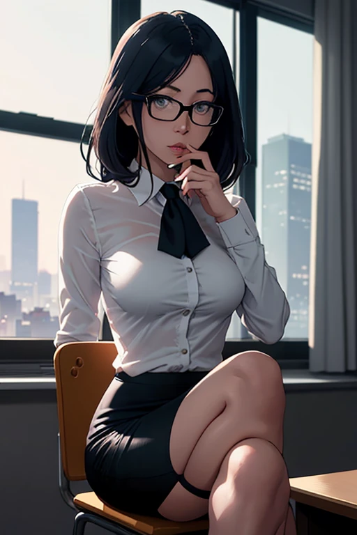 (((((Middle-aged women))))), masterpiece, Super detailed, 8K Portrait, RAW Photos, Portrait Photography, Highly detailed face, 1 female, (((((Sitting with legs apart))))), 33 years old, (((((expensive))))), (((Small eyes))), Glasses, (((Very short black hair))), (((Hair on one eye))), (((Light skin))), (((((Office Lady Suits))))), (((((wear an oversized black cardigan))))), (((((Knee-length skirt))))), ((Black Pantyhose)), (((pumps))), Midday Sun, Ultra-realistic, Body Model, ((Small breasts)), Beautiful breasts, (Big Ass), Long legs, In the office room, Ambient Lighting, Shadow Details , Camera focus on face, Strong winds, Light fog