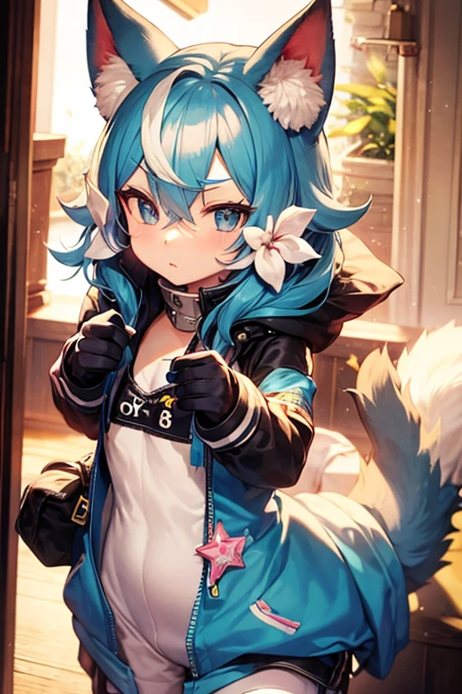 Blue kitsune fox, humanoid, fur everywhere, multiple tails, female, wearing black chrop top with decorative bow above the middriff, black miniskirt, exposed middriff, small breasts, green eyes,