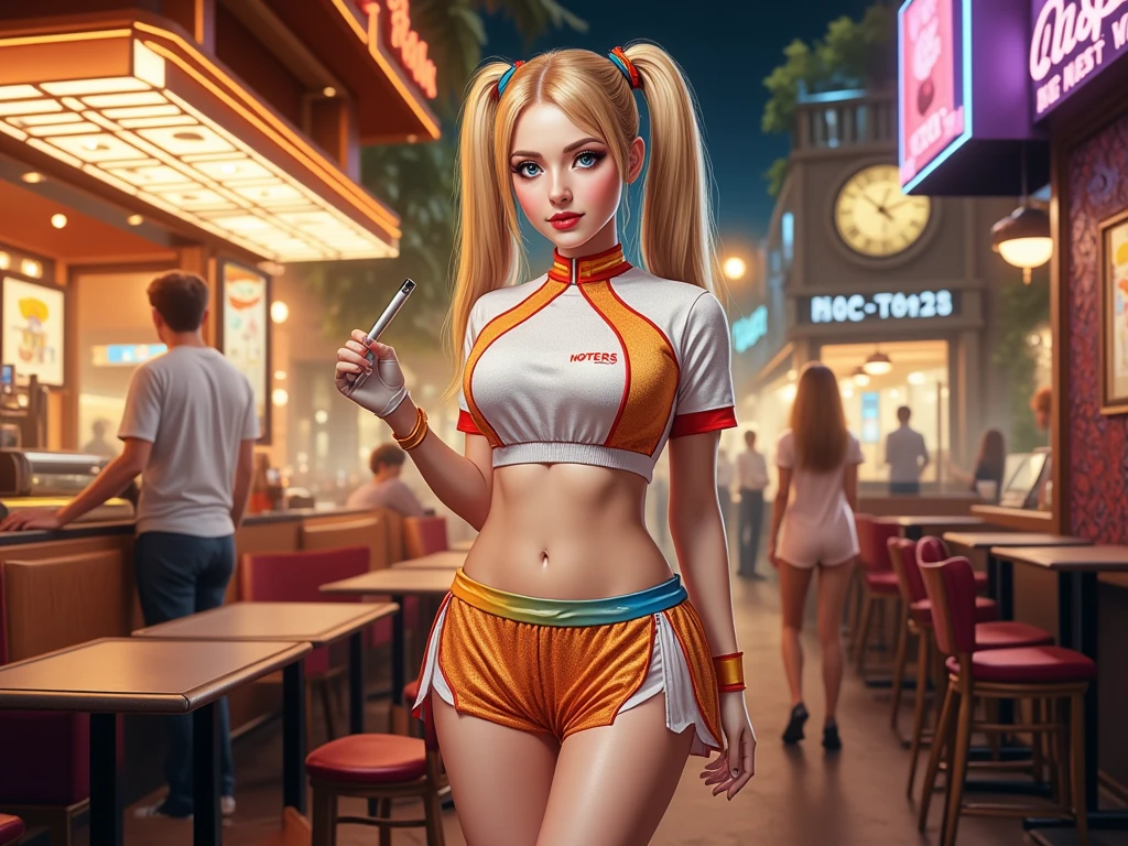 Detailed multicolored proportions and textures with spray and airbrush, presenting a semi-realistic illustration featuring a crop top and shorts made of fine fabric in the style of a Hooters restaurant waitress uniform, where white and orange tones predominate, mixed with bright colors (full body, with a confident and Kawaii posture, playful gaze, bright blue eyes, defined eyebrows, long eyelashes, perfect face, full lips, huge round breasts, flat stomach, wide hips, slim waist, thick thighs),Her long, straight blonde hair is tied in two ponytails (long with multicolored tips) that fall over her shoulders on either side of her head. Her uniform consists of a short, orange-and-white patterned shirt, beautifully decorated like a Hooters restaurant waitress uniform, with A-line sleeves and shorts with matching socks. In the background, an elaborate Hooters restaurant creates an atmosphere of mystery. The scene is a full-length view of a waitress holding a notepad to take orders. The overall composition of the image is a crisp, sharp, and high-quality masterpiece. very balanced saturation across very defined color palettes (Color with intense monochromatic shaded tones and brightness, red hue 25% + yellow 25% + blue 25% + biofluorescent 12.5% + transparencies 12.5%. Aesthetic fusion by (Fibonacci ratio. A realistic cosplay of a young harley quinn. of a young harley quinn (Includes a variety of pink skin and dark beige tones that give it contrast and brightness) type of character. Fluid texture that gives the sensation of movement to the leafy style that molds to the figure (her clothing with relief and folds gives volume and depth to the character). Haute couture photoshoot (high quality full body). Highly detailed and sharp soft focus, approaching perfection, Full HD 8K. High and low angles. by Coco Chanel, Gianni Versace, Alberto Vargas, Greg Rutkowsk fusion of artistic styles