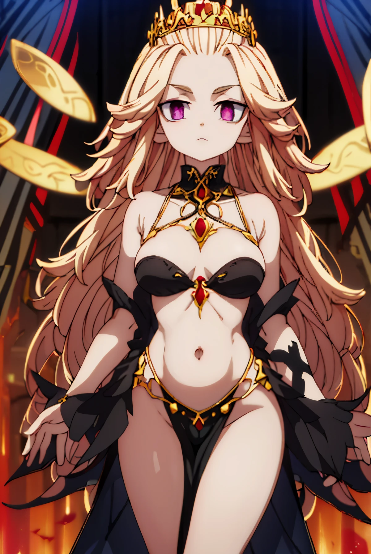 This character has a striking design, clearly inspired by fantasy styles dark and high fantasy. Here is a detailed description: physical features skin: extremely pale, almost white, with visible scales on parts of the body (ombros, hips and belly), suggesting an origin Draconic or reptilian. Cabelo: Longo, liso, white with red highlights. Bem cuidado, flowing down to the waist. Olhos: Intensely red, with thin black pupils - they provide a penetrating and supernatural look. Orelhas: Long and pointed , estilo elfo, adorned with gold and red earrings and piercings. lips: Pretos, in contrast to pale skin. Unhas: Longas, black and sharp, almost like claws. Costumes and accessories Clothing: A bold and revealing black costume, with strategic cuts that expose part of the breasts, belly and hips. There are golden details and red stones in the costume, reinforcing a luxurious style. jewelry: She wears many gold accessories with red stones: Choker with a large stone in the center Bracelets on both arms Large and ornate earrings Gold chains surrounding the hips Adornments on the head: A golden tiara with a red stone, symbolizing perhaps royalty or magical power. Other details Body marks: Beyond the scales, there are scars or red marks visible on the right thigh, giving the appearance of a warrior or a survivor of battles. Overall appearance : She exudes confidence, power and sensuality. The pose and the look demonstrate dominance and pride. Race (ficcional) It probably belongs to a fantasy race like: Dark Elf (dark elf), but with mutations or draconian features. It can also be a draconian or Between Elf and Dragon, due to the reptilian scales and eyes. The aesthetic also aligns with succubi or noble demonic entities, given the colors, sensuality and mystical elements.