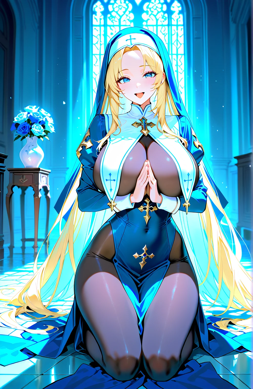 1 Girl shows white tong,Spread your legs,Gorgeous erotic nun dress,Misty,huge tit,Long blonde hair,blue color eyes,Gorgeous hair decoration,divino,highest quality,exposing her chest,Miniskirt,Gorgeous church background with extreme details
