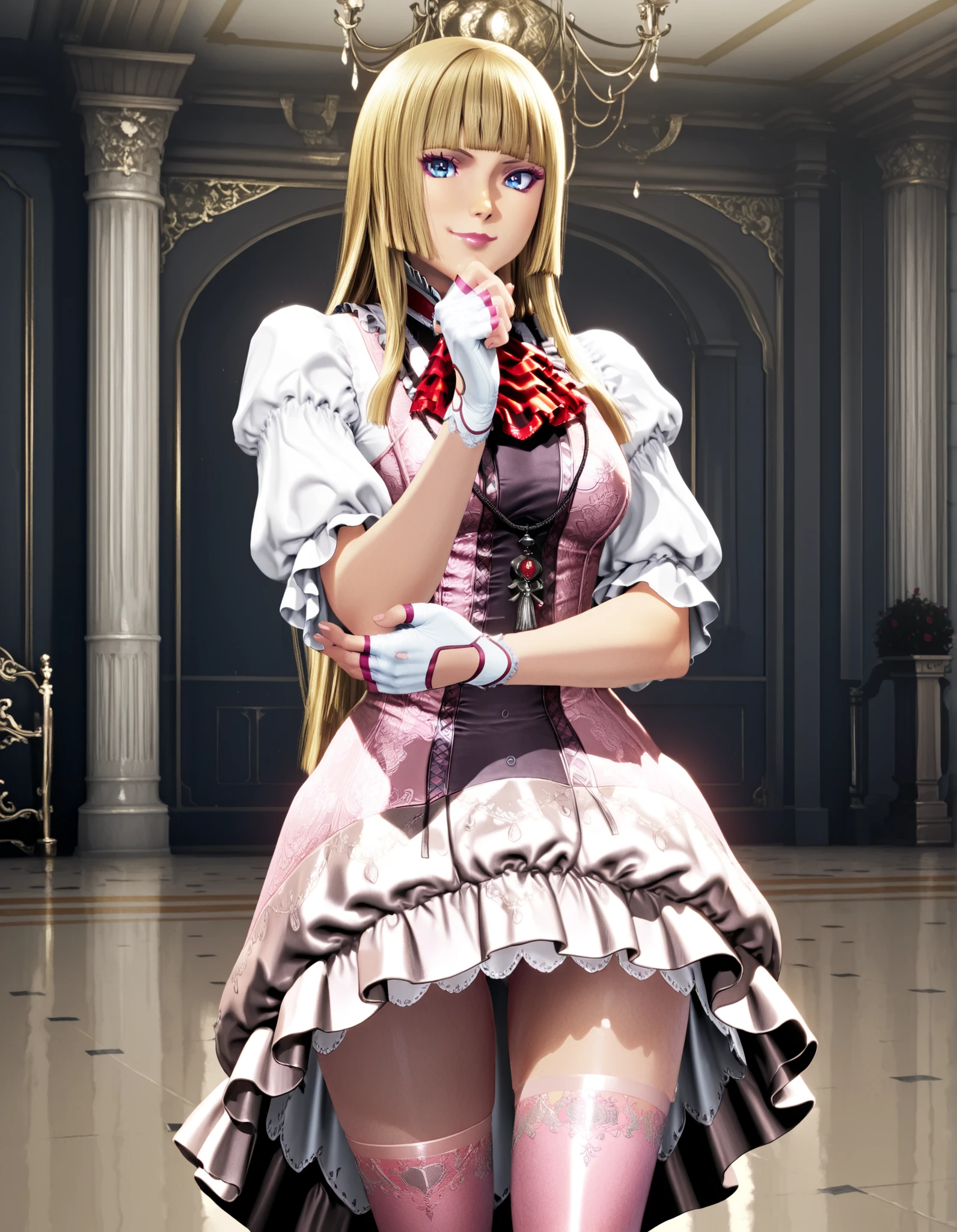 masterpiece, best quality, amazing quality, very aesthetic, absurdres, newest, 1girl, solo, lilit8, long hair, hime cut, blonde hair, blunt bangs, blue eyes, makeup, eyeshadow, lips, sleeves past elbows, white shirt, red neckerchief, pink dress, high-low skirt, necklace, white gloves, fingerless gloves, pink thighhighs, mansion, indoors, smile, looking at viewer, standing, hand on own elbow, touching chin, homare artstyle