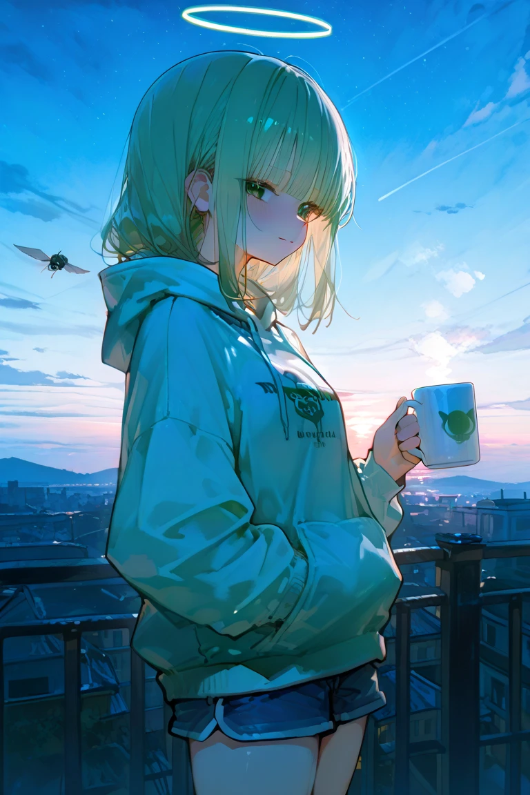 Anime girl drinking coffee in the rain、(alone)，masterpiece，Extreme Detail，High resolution，Beautiful illustrations，((Thriller))，wonderful，Medium display，Upper Body，woman，(Very finely tidy hair)，Pink to yellow hair，Beautiful light blue eyes，(Crimson Jacket)，Hair is loose，[Indian Scarves]，Fingerless gloves，(Drinking coffee)，(Hand holding a paper coffee cup)，Depth of written boundary，fast food restaurant background，Night Background，(dark feeling)，Rain on the window、