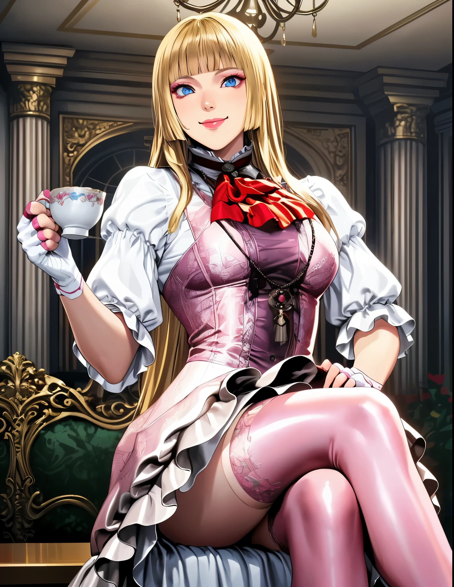 perfect eyes:1.2, detailed eyes:1.4, smile, tekken 8_lily, long hair, hime cut, blonde hair, blunt bangs, blue eyes, makeup, eyeshadow, lips, sleeves past elbows, white shirt, red neckerchief, pink dress, high-low skirt, necklace, white gloves, fingerless gloves, pink thighhighs, mansion, indoors, smile, looking at viewer, holding teacup, sitting, crossed legs, homare artstyle, 1girl, solo, (masterpiece:1.6, best quality), 8k, insane details, intricate details, hyperdetailed, hyper quality, high detail, ultra detailed, professional, HDR, ray tracing reflection, cinematic lighting,