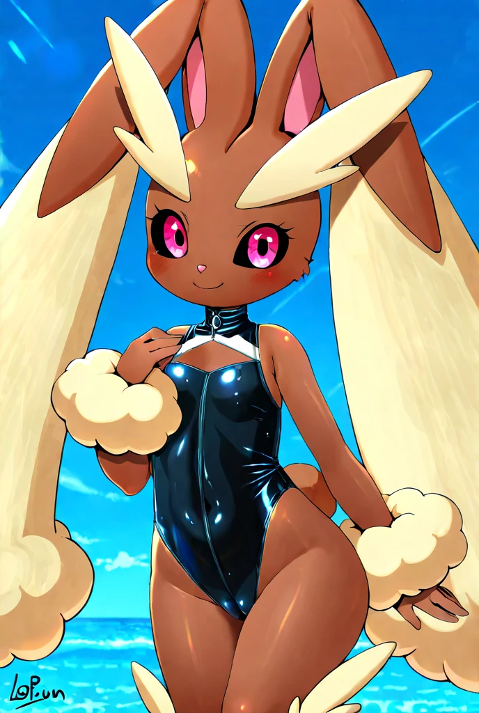 female, furry, anthro, anthromorphic, metallic body, robotic body , android body , robotic limbs, anthro, lopunny, soft glowing eyes, no clothes, medium short length hair, small breasts, thin body, curved thighs, standing beside pool, hands behind back, winking, legs spread, outside, science fiction, stars, galaxy, star ships, at night, dim light, high quality, masterpiece,