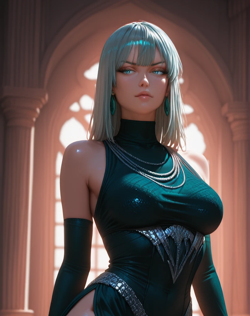 young intricate woman in royal palace, beautiful woman, Bob cut short hair, green hair,  hair, bright green eyes, white skinned, sitting on a balcony, no crown, big breast and big ass, wide angle lens f/2.8, ultra insane high resolution intricate textures, texture indentation, perfect perspective, perfect geometry, ultra insane ambient lighting, ultra insane ambient shadows, wearing full pink colored clothes, sexy clothes, luminism, ultra detailed busy background, tessellation, maximalism, perfectionism, IPA Award wining masterpiece, curvy figured woman, seductive expression, seductive figure.