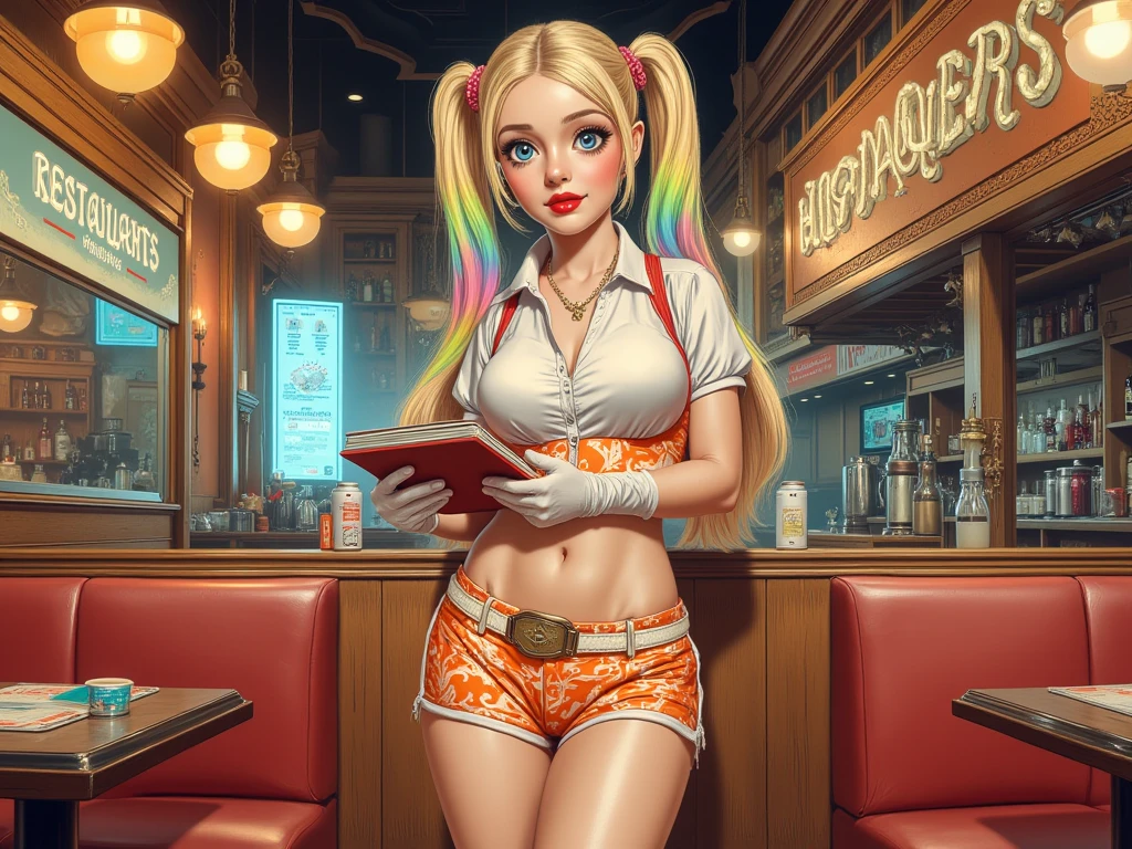 Detailed multicolored proportions and textures with spray and airbrush, presenting a semi-realistic illustration featuring a crop top and shorts made of fine fabric in the style of a Hooters restaurant waitress uniform, where white and orange tones predominate, mixed with bright colors (full body, with a confident and Kawaii posture, playful gaze, bright blue eyes, defined eyebrows, long eyelashes, perfect face, full lips, huge round breasts, flat stomach, wide hips, slim waist, thick thighs),Her long, straight blonde hair is tied in two ponytails (long with multicolored tips) that fall over her shoulders on either side of her head. Her uniform consists of a short, orange-and-white patterned shirt, beautifully decorated like a Hooters restaurant waitress uniform, with A-line sleeves and shorts with matching socks. In the background, an elaborate Hooters restaurant creates an atmosphere of mystery. The scene is a full-length view of a waitress holding a notepad to take orders. The overall composition of the image is a crisp, sharp, and high-quality masterpiece. very balanced saturation across very defined color palettes (Color with intense monochromatic shaded tones and brightness, red hue 25% + yellow 25% + blue 25% + biofluorescent 12.5% + transparencies 12.5%. Aesthetic fusion by (Fibonacci ratio. A realistic cosplay of a young harley quinn. of a young harley quinn (Includes a variety of pink skin and dark beige tones that give it contrast and brightness) type of character. Fluid texture that gives the sensation of movement to the leafy style that molds to the figure (her clothing with relief and folds gives volume and depth to the character). Haute couture photoshoot (high quality full body). Highly detailed and sharp soft focus, approaching perfection, Full HD 8K. High and low angles. by Coco Chanel, Gianni Versace, Alberto Vargas, Greg Rutkowsk fusion of artistic styles