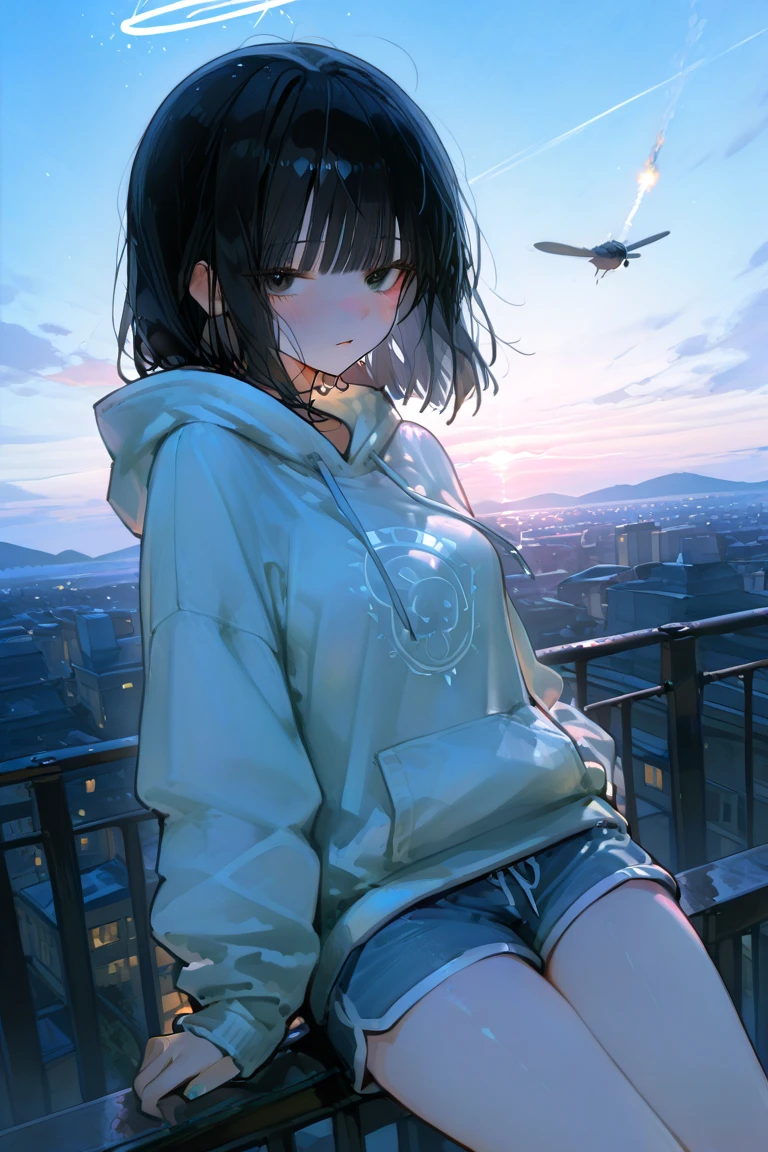 (Excellent: 1.2), (Highest Quality: 1.2), (Ultra Detailed: 1.2), (Girl sitting on ledge overlooking city, watching sunset, short white hair, hoodie, hip hop), (Skyscrapers, post-apocalyptic, anime style cityscape), (32K aesthetics, Beautiful art UHD 4K, Beautiful artwork illustration, Beautiful digital painting, Highly detailed digital painting, Beautiful digital artwork, Detailed painting 4K, Highly detailed digital painting, Rich painterly colors, Gorgeous digital painting)