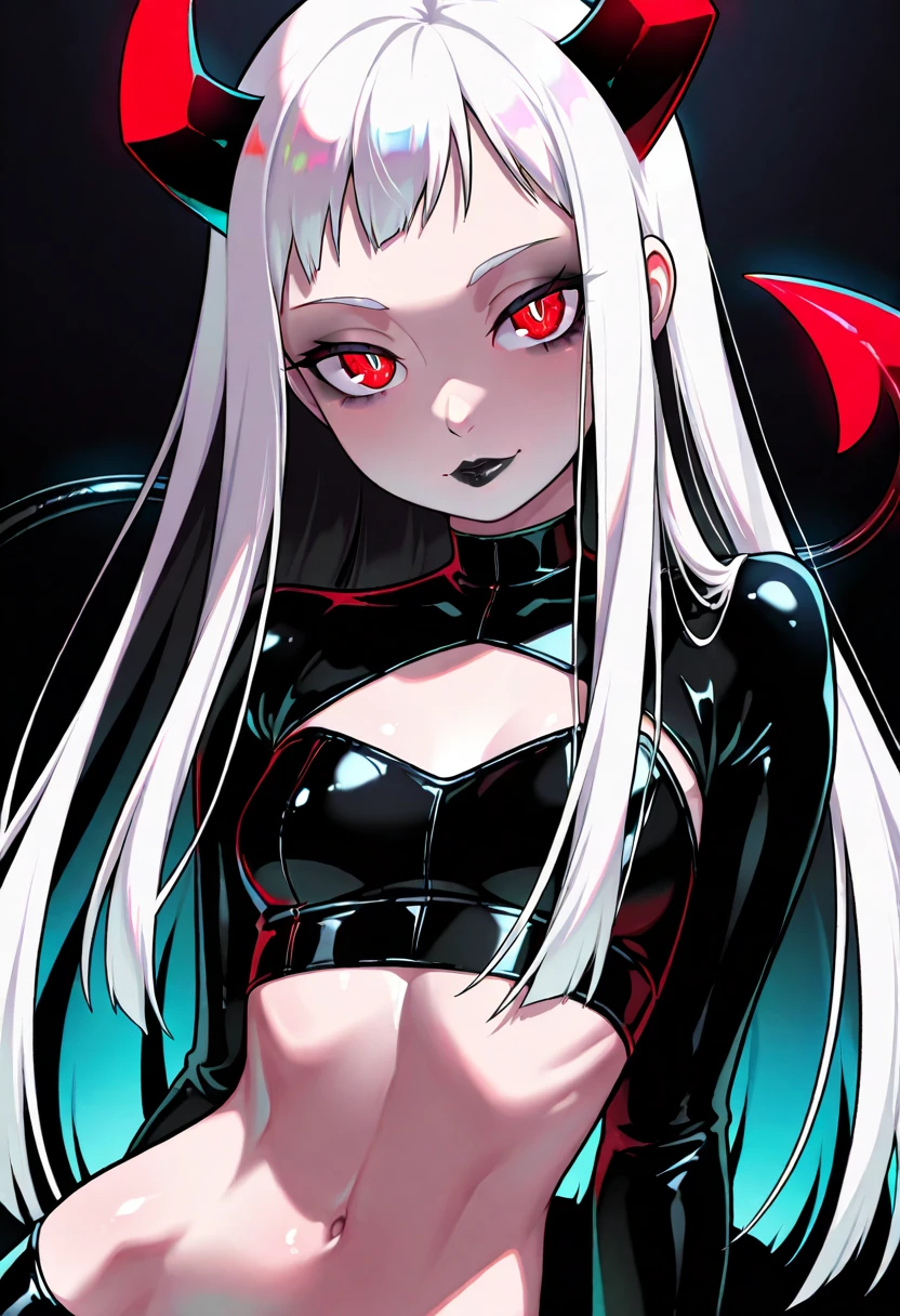 cyberpunk, rebecca, colored_skin, solo, long_hair, eye, pink neck tattoo, close-up, face, 1girl, pink tummy tattoo, black bra, <lora:Rebecca2-000020:0.7>