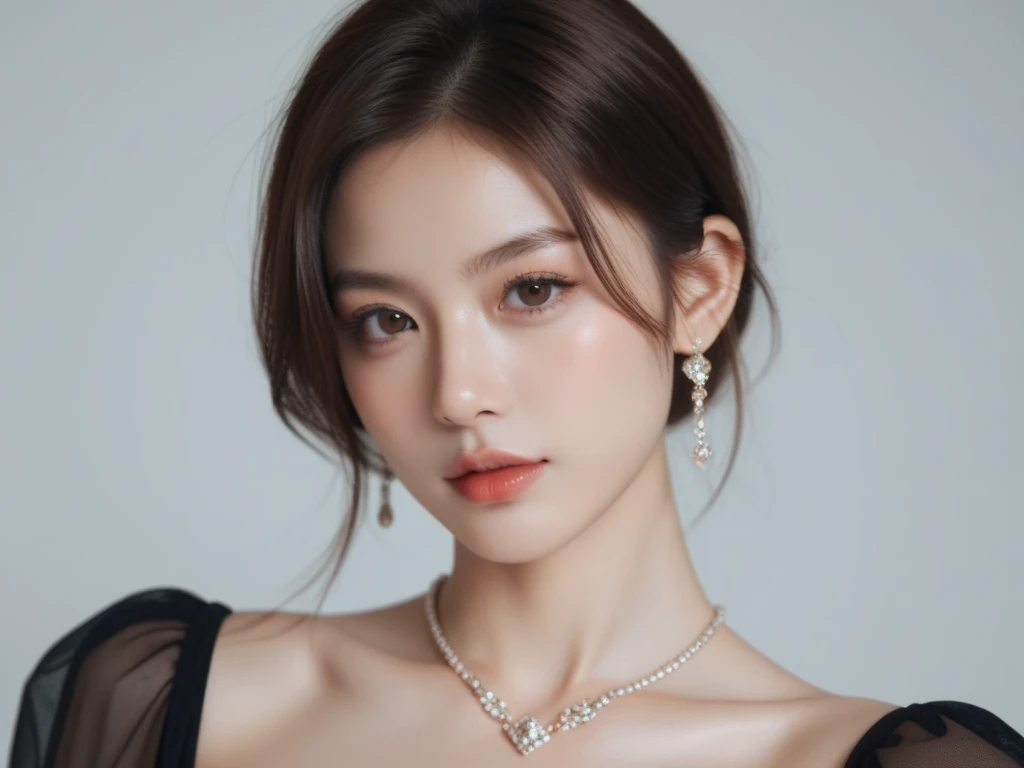 8k, Ultra-high resolution, highest quality, masterpiece, Surreal, photograph, 1 girl, (16 years old:1.3), pretty girl, Cute Face, Beautiful eyes in every detail, 細かくdetailedに,masterpiece,Japan Female Announcer,(masterpiece:1.21),(highest quality:1.21),8k,detailedな,超detailed,Depth of written boundary,Wide-angle, Mid Shot, Intermediate pose ,Full body hip-raising pose , Above Knee Pose , One girl,Beautiful Face,Graceful Hands,Real skin texture,alone,View Viewer,Beautiful backgrounds are trending,(灰colorの背景のポートレートphotograph),Iris,Beautiful fine details,random_color_lipstick,eyeliner,eyelash,random_color_nail_Grinding,Earrings,necklace,Metallic copper hair,Updo,Conceit,High key lighting,Shadow,Sexy pose、See through 、Looking at the audience、beauty,Long neck、Laugh a little、Please close your mouth and laugh、(((Ideal body type))),A-cup small breasts :2,、Portraiture:2、Perfect Anatomy、鮮明なdetailed、detailed、Surreal、光とShadow,Strong light,Fashion magazine cover,Thin lips