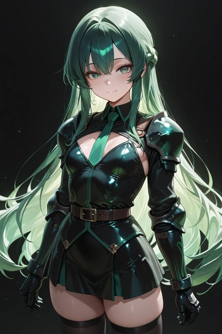 4K,High resolution,One Woman,Green Hair,Long Ponytail,Blue Eyes,Big Breasts,knight,White high leg leotard armor,Full Armor,Green gloves,Green shoes,Black fishnet stockings,Jewelry decoration,Long sword,Medieval town