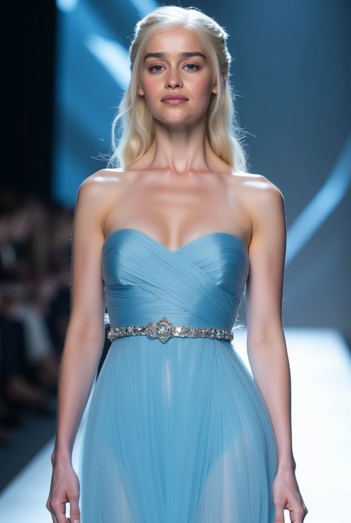 official portrait, full view of a queen, a 30 years old woman, very long blond hair, blue eyes, slim, she opens her arms in greeting, she wears a futurist cream and blue dress made from a mix of printed circuit board alloy and leather fabric, no background