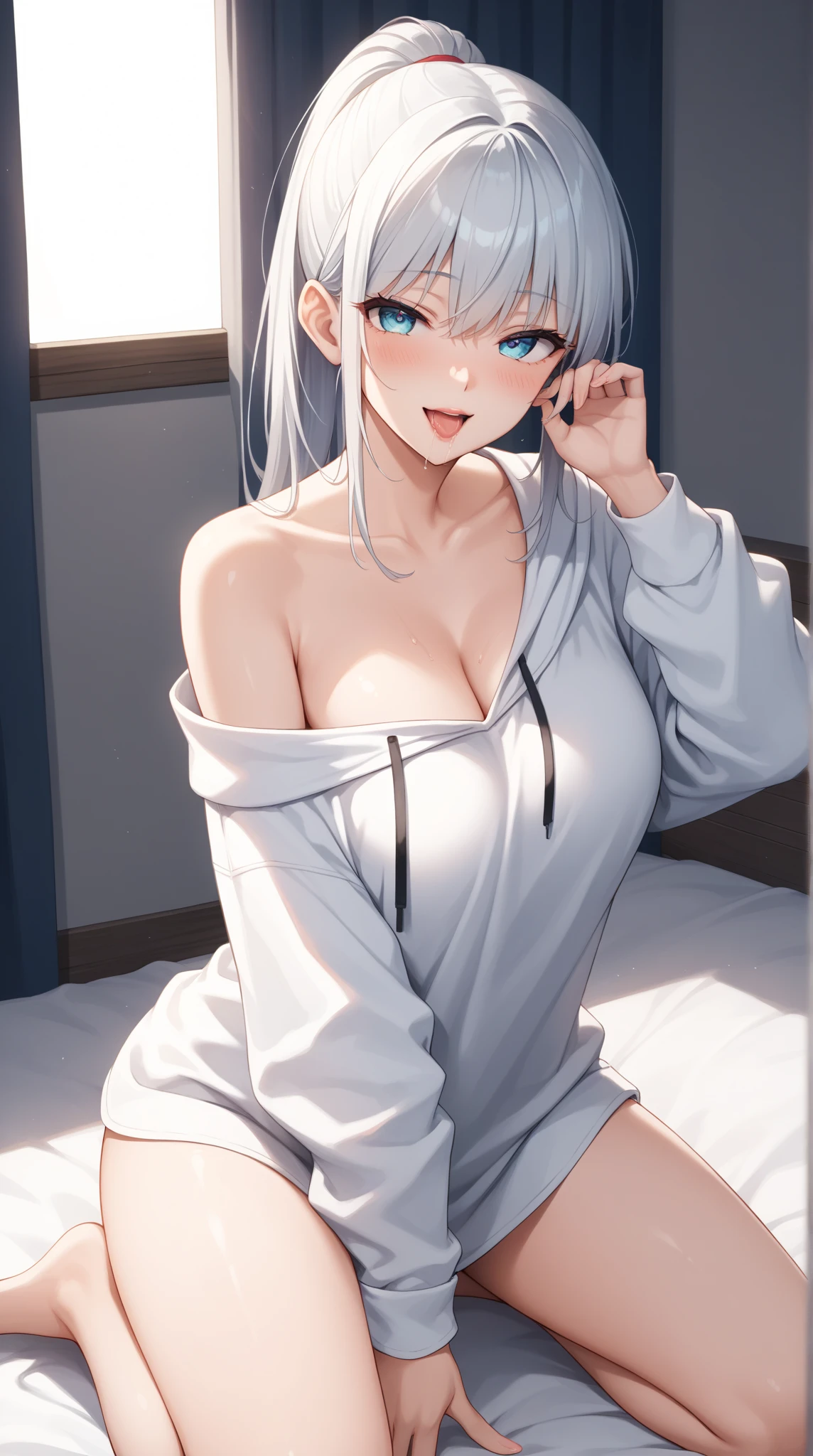 4K resolution,((Highest quality)),Ultra-high resolution,young woman, alone, sexy, (A seductive smile), (Light blue eyes), Beautiful and symmetrical face, (White messy medium length shoulder length hair),A white, transparent thigh-length camisole,Realistic:1.4,Realistic:1.4,(masterpiece:1.2),Perfect Eyes,Perfect Eyes,Perfect Legs,Bedroom at night,(Open your mouth:1.2),Ample breasts,A loose cardigan