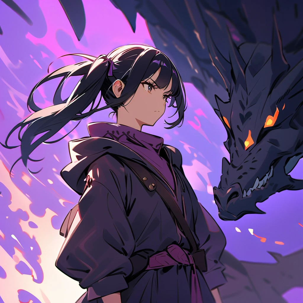 1male ,black gi , mountain background , blue  eyes , layered hair , long hair , Back Knot hair,  black hair , standing looking over mountain , lean build , dragon in the background , white headband , lean build , 4k best quality , ultra good quality , White Halo , best face quality