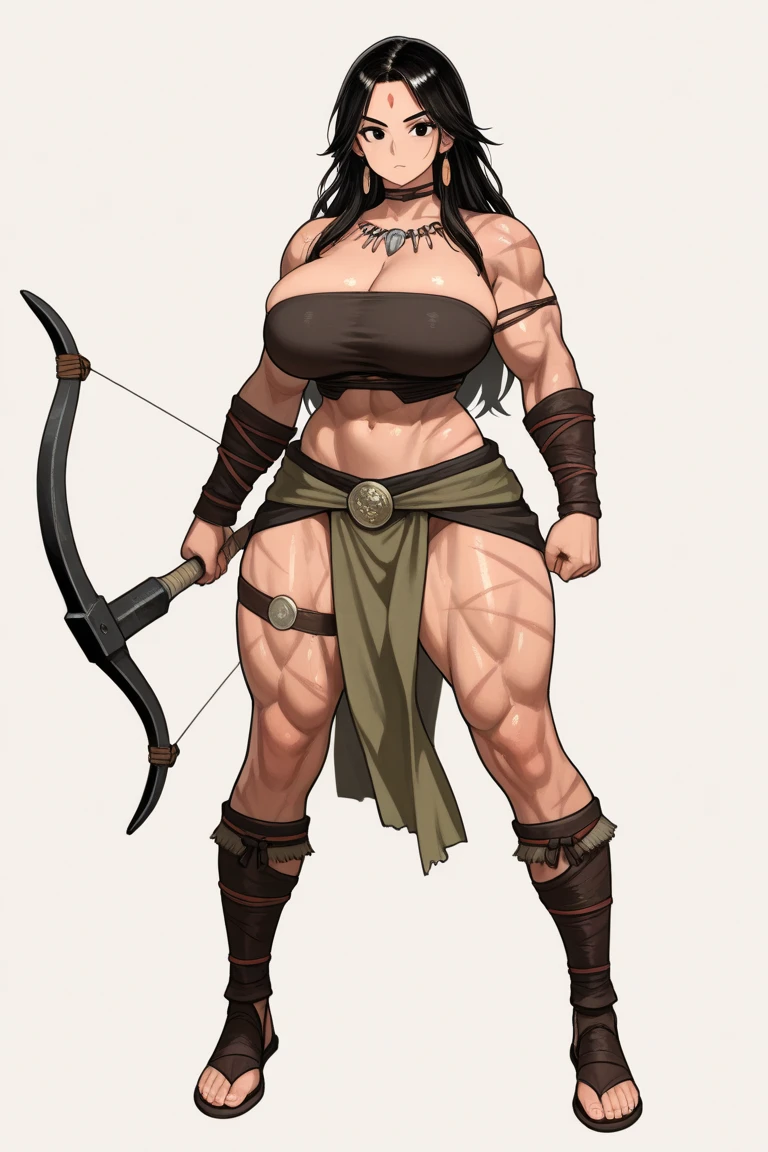 "high quality, strong and fierce orc barbarian in bikini armor with boots with dark brown skin, well-defined muscular legs and large hips" ((fullbody)) (solo) (small breasts)