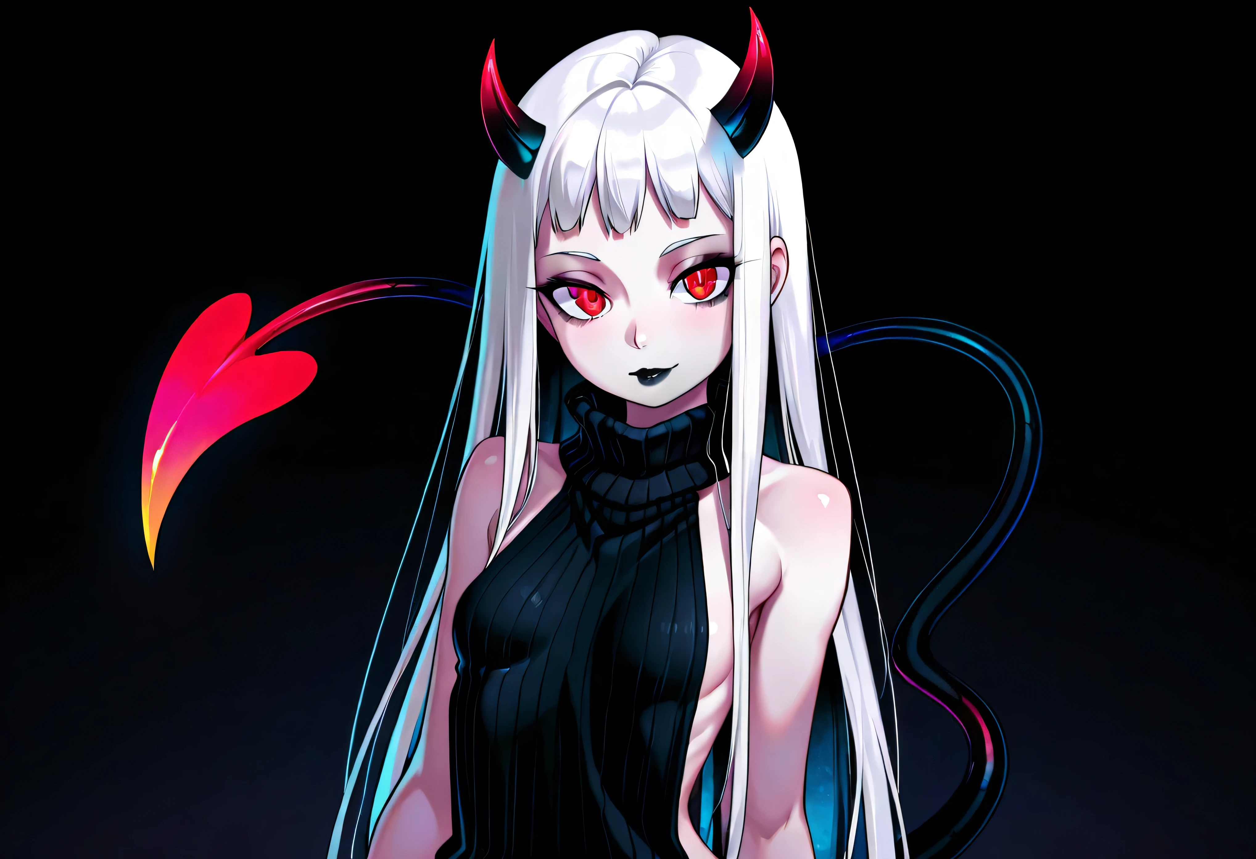 Masterpiece, Best Quality, Great Quality, Black Background, Colorful, Lively, Shining Contours, Neon, Negative, Viewers, Skin Texture Details, Volumetric Shadows, Skinny, 1 Girl, Devil Girl, Small Black Devil Horns, Long Black Devil Tail, Small Breasts, Shiny White Hair, Neon Black Highlights In Hair, Long Straight Hair Style, Smooth Hair, Cute Short Bangs, Long Hair, Neon Red Eyes, Smooth Skin, Soft Features, Nice Lips, Dark Black Lipstick, Goth Makeup, Sexy Face, Confident, Sexy, Sexy Style, Black Virgin Killer Sweater, Close Up