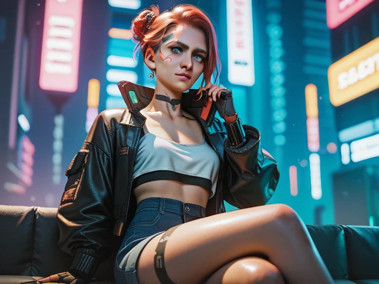 (((cyberpunk style))), wallpaper of a sensual warrior, Bill Henson, sitting on the couch listening to music, hyper-detailed face, blood red hair, golden eyes, super-detailed 3D, 8k resolution