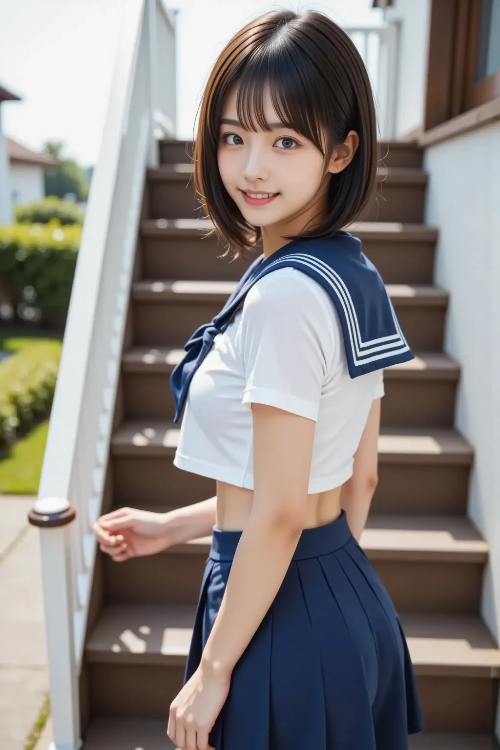 ((escalator))、lewd smile、(Realistic、Realistic:1.37)、(masterpiece)、(Highest quality:1.4)、(Ultra-high resolution:1.2)、(RAW Photos:1.2)、(Sharp focus:1.3)、(stand:1.2)、elegant、(Full body photo:1.2)、(A girl in an elaborate sailor suit and pleated skirt:1.3)、Very cute Japanese girl、(smile:1.3)、(Makes hair shine:1.3)、 Brown haired、Bobcut、 Short pleated skirt、
(Big Breasts:1.2), escalatorの下から撮影、Beautiful and delicate eyes、 View your viewers、escalatorの最下段から見上げるアングルで撮影、Secretly photographing underwear under a skirt、White panties:1.8