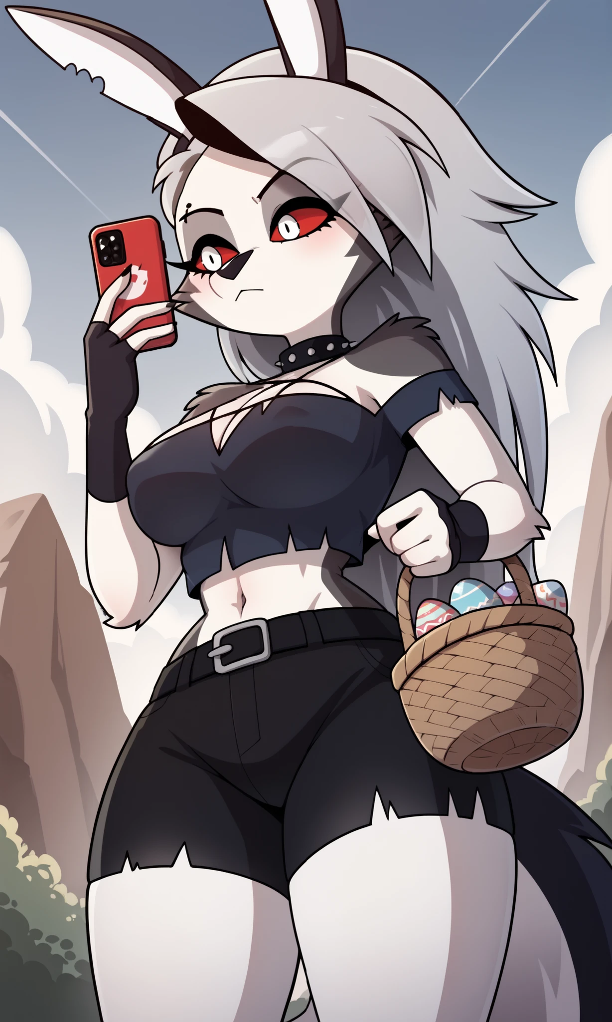 score_9, score_8_up, BREAK, source_anime, (1girl, solo), masterpiece, detailed image, soft skin, style_2d_chibi, 1 girl, alone, low eyes, bored look, closed mouth, fake ears, headband, bunny ears, crop top, sleeveless, bare_shoulders, white shirt, cleavage, big breasts, covered nipples, navel, belly, gloves, bracelet, jewelry, ((From below)), (from side), blush, belt, shorts, wide hips, thick thighs, outdoors, day, Easter, hold, basket 🧺, Easter basket, Easter eggs, smartphone, mobile phone,,Loona, high thighs, fingerless gloves, anthro, Loona \(Helluva boss\)
