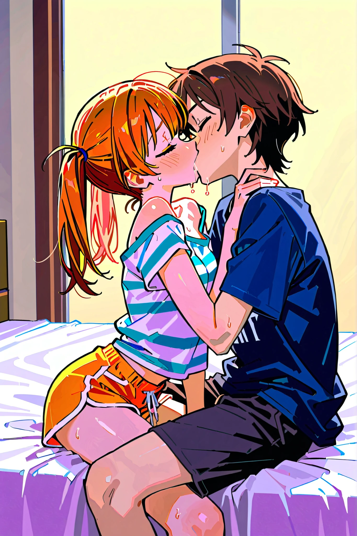 Young girl wearing white and orange striped t shirt and orange shorts and young boy wearing a navy blue t shirt and black shorts sitting on a bed together, kissing, making out, passionately, sexy, hot, lustful