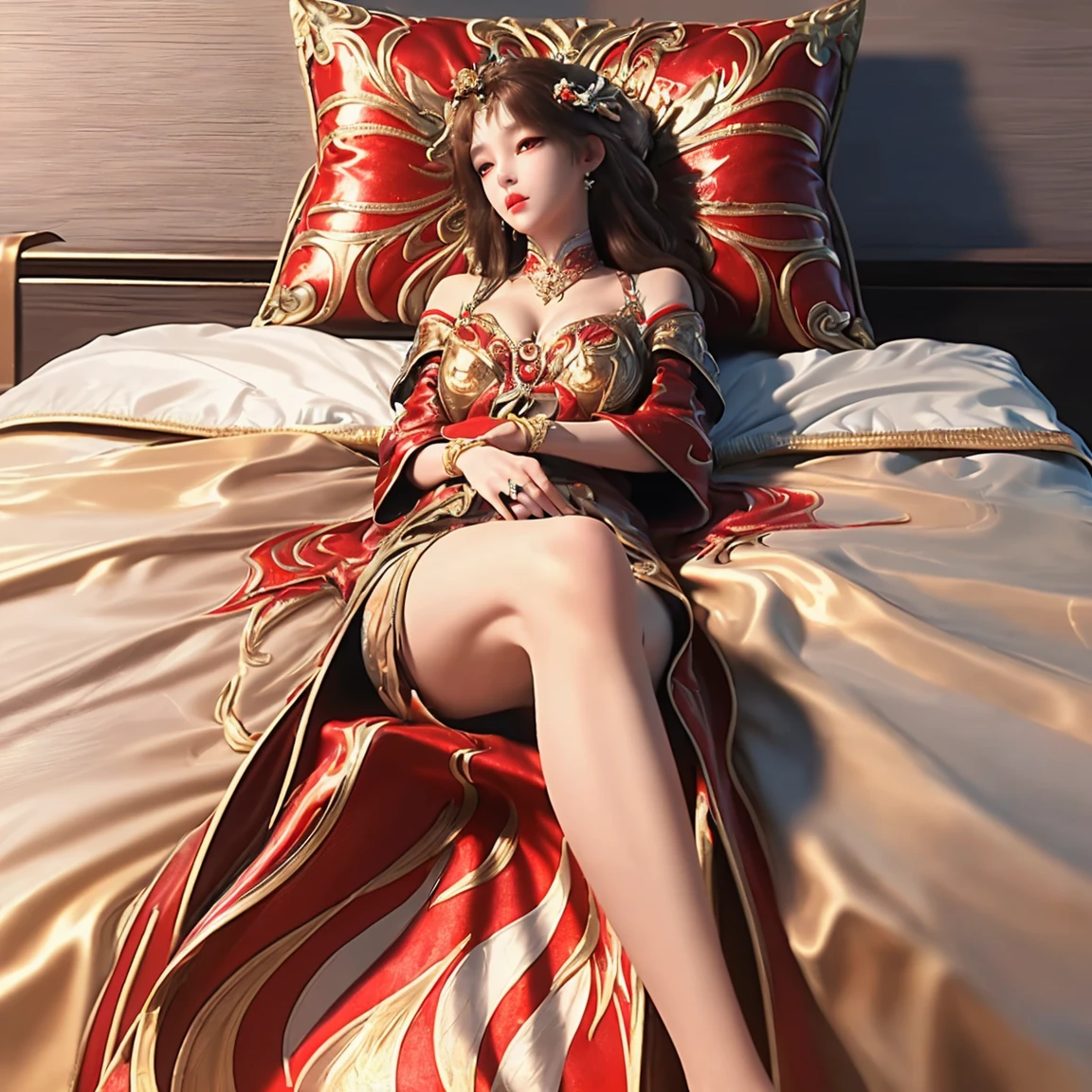 Royal princess, 21 years old, sleeping in bed with lots of pillows, lying down, eyes closed, thick thighs, wearing royal dress, revealing, wetting, peeing on pillow, royal bed, wetting self, wearing crown with jewels